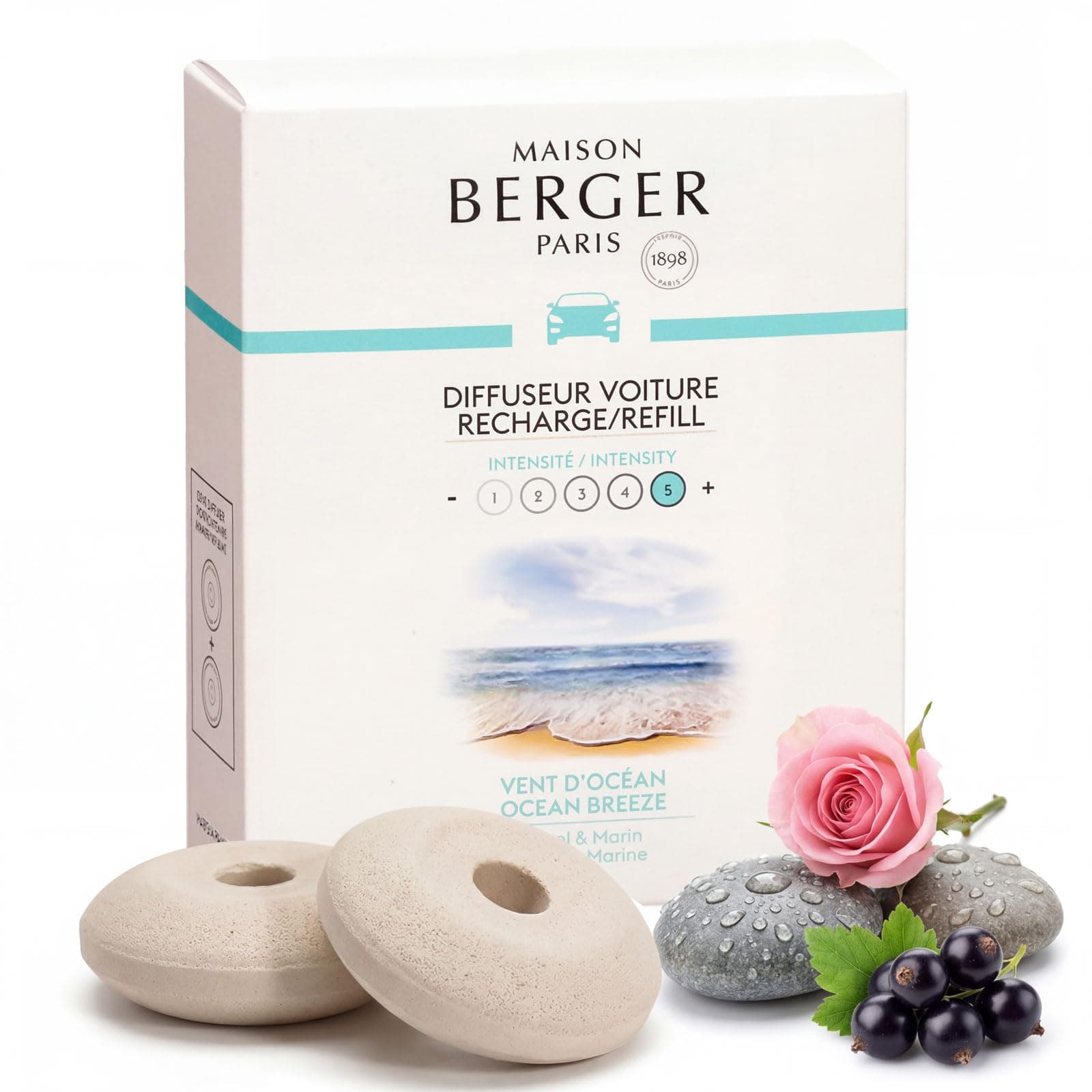 Maison Berger Luxury Car Diffuser Refill Set Ocean Breeze – Pack of 2 Ceramic Refills, 4-6 Week Passive Diffusion, Made in France