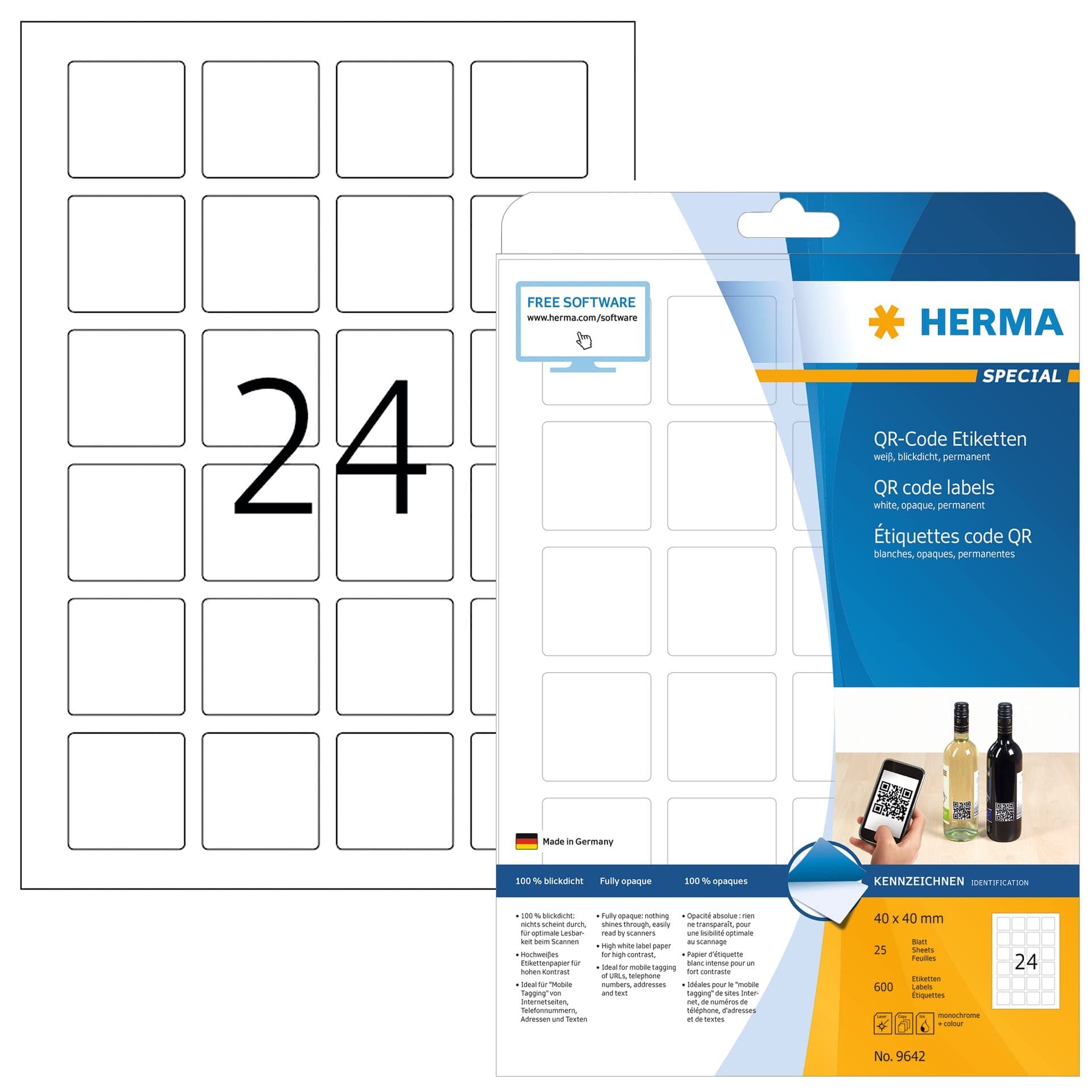 HERMA Self-Adhesive QR Code Labels - 24 per A4 Sheet, 25 Sheets, 40x40mm, 600 Total - Blank Opaque Product Code Stickers for Laser & Inkjet Printers, White
