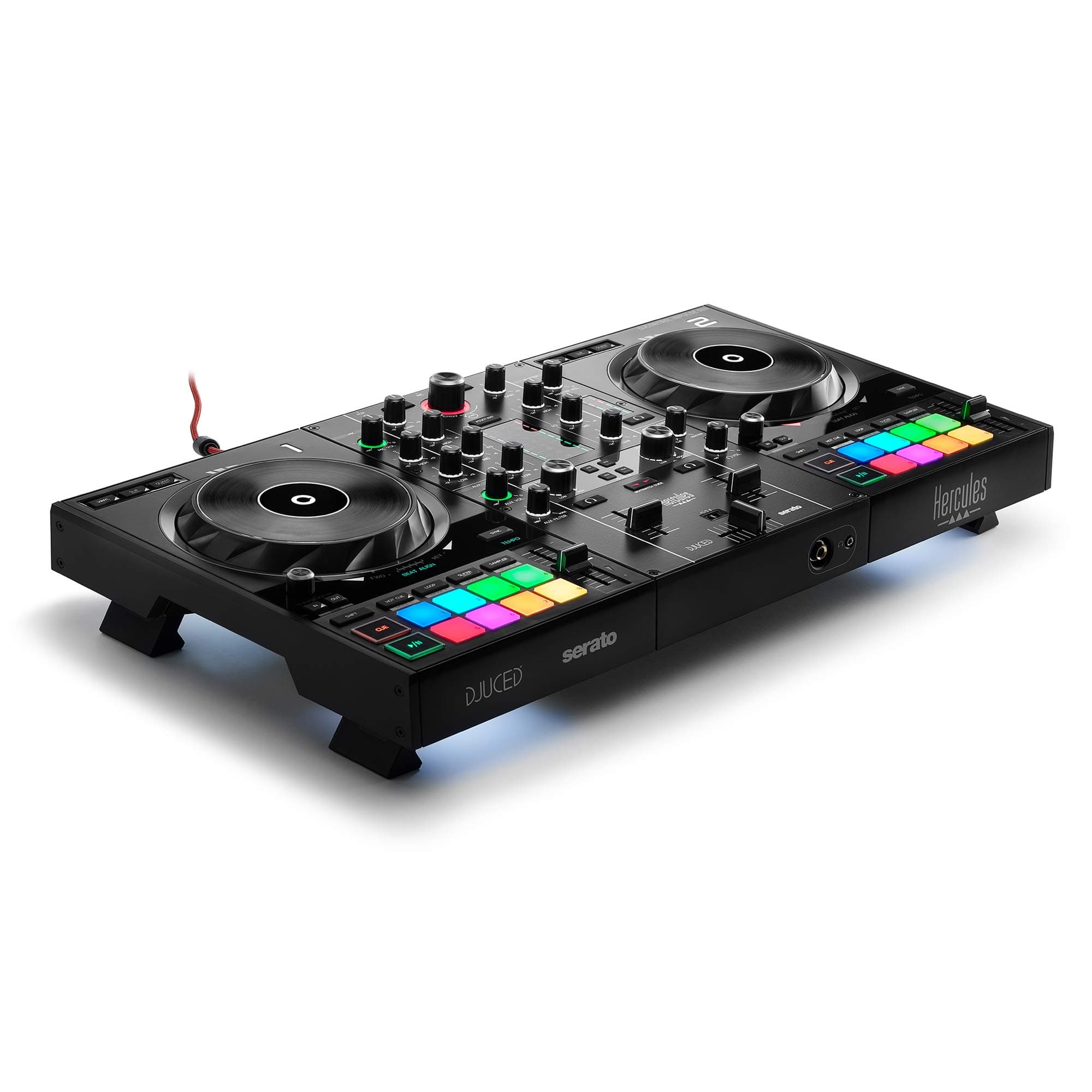 Hercules DJ Control Inpulse 500: 2-deck USB DJ controller for Serato DJ and DJUCED (included) - built-in audio interface, 16 backlit RGB pads, large jog wheels, built-in hardware input mixer and retrac