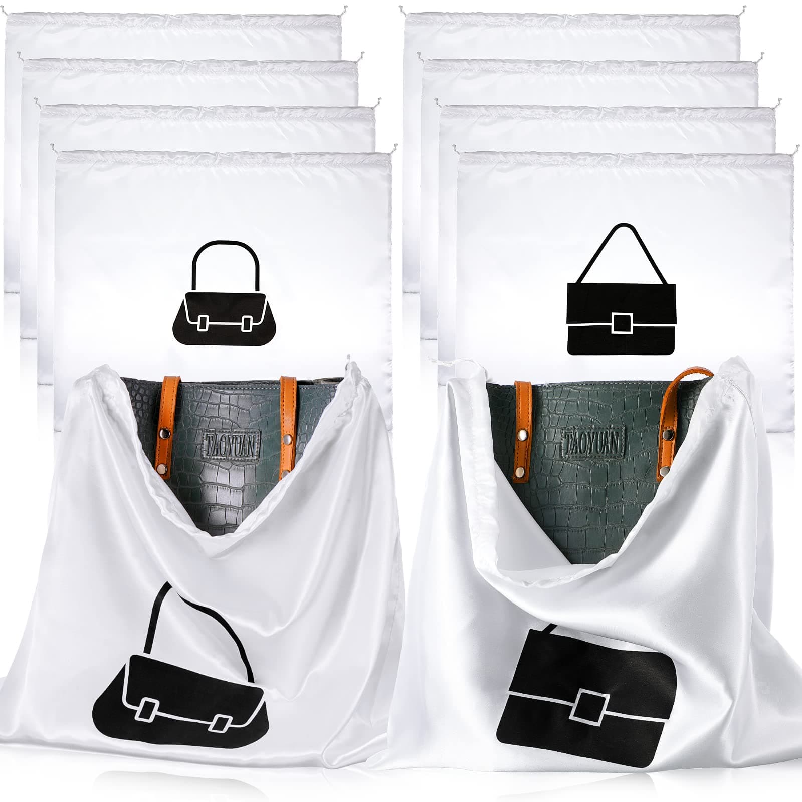 ShappyShappy 8 Pack Multi-Functional Drawstring Pouch Silk Cloth Dust Bags For Handbags Purse Dust Bag Cover Travel Packing Organizers For Shoes Boots, White, 23.6 X 19.7 And 19.7 X 15.8 In, White