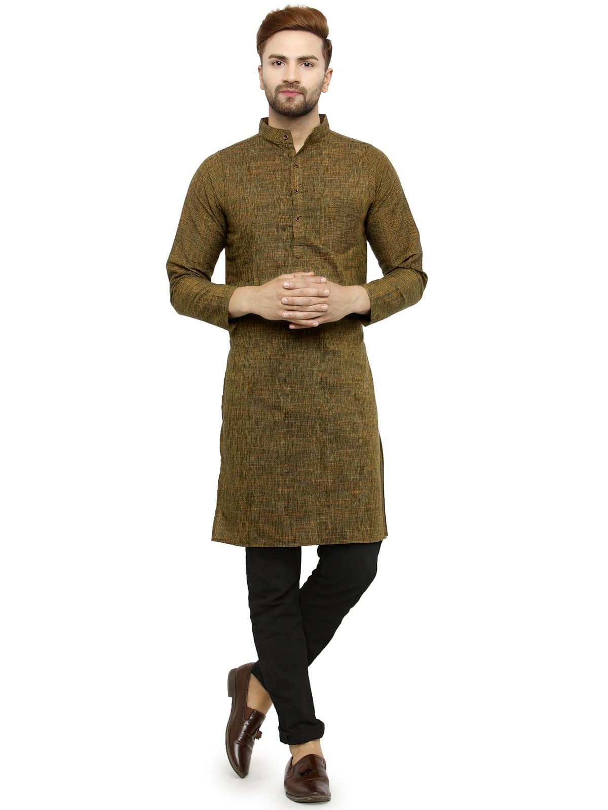 Enchanted Drapes Mens' Solid Cotton Long Kurta_Mehandi