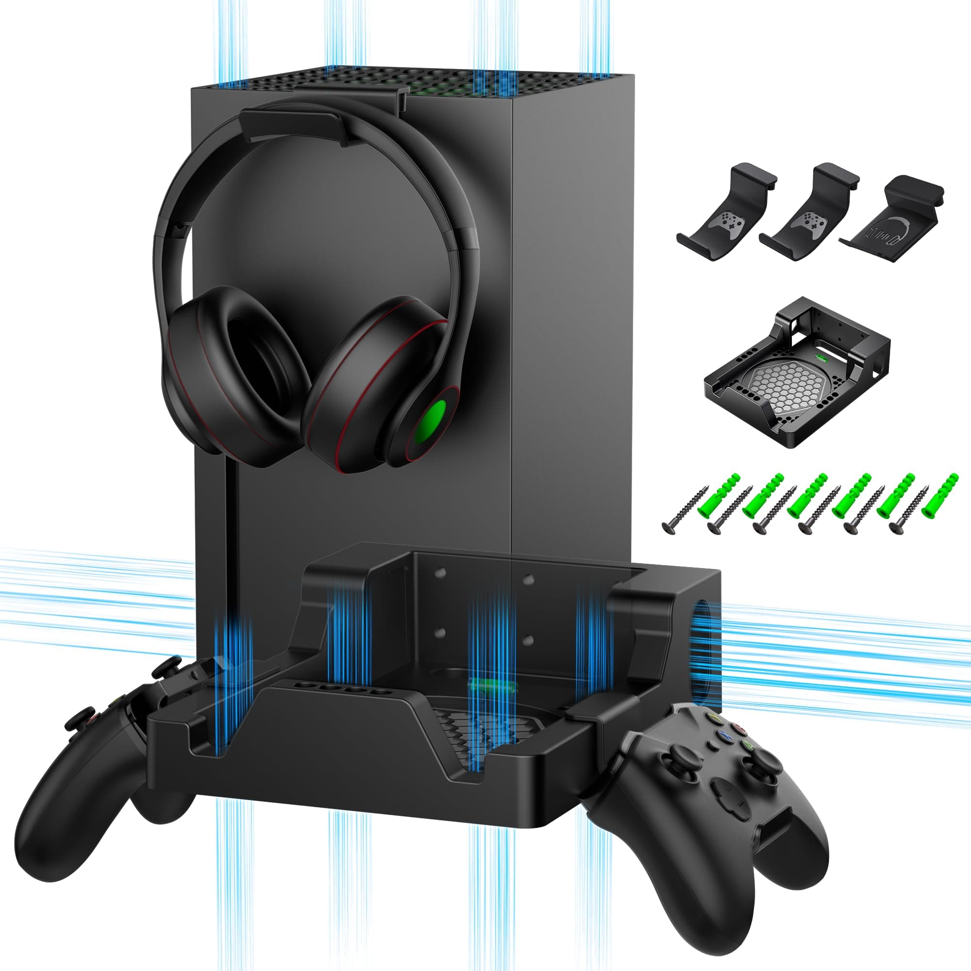 ZAONOOL Wall Mount for Xbox Series X with 2 Controller Mounts and Headset Stand, Wall Mount Set for XSX Accessories, Wall Shelf with Dual Ventilation Design, Place Console Pointing Forward
