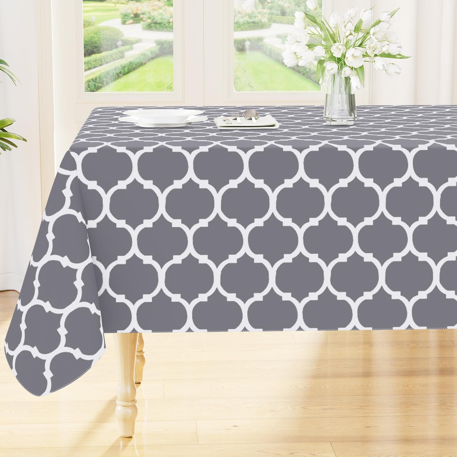 Rectangle Table Cloth, Waterproof Vinyl Tablecloths with Flannel Backing for Rectangle Tables, Wipeable Spillproof Plastic Tablecloth for Dining, Camping, Indoor and Outdoor (60"x84", Grey)