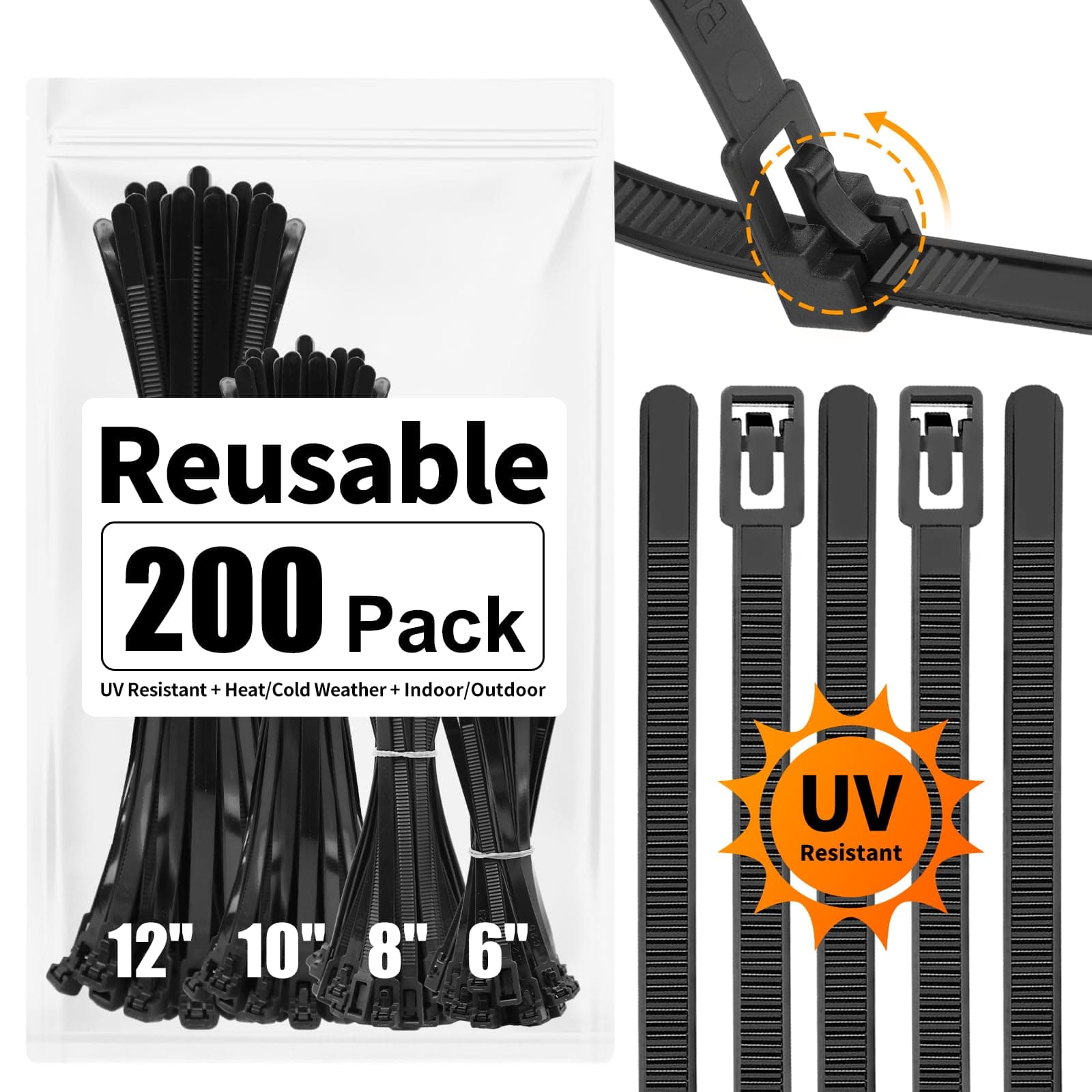 SOOOEC 200 Pack Reusable Zip Ties Assorted Sizes 6+8+10+12 inch UV Resistant, Black Zip Ties Heavy Duty Outdoor Releasable Round Ending No Hurt, Cable Ties Reusable Tie Wraps Indoor Non Slip Off