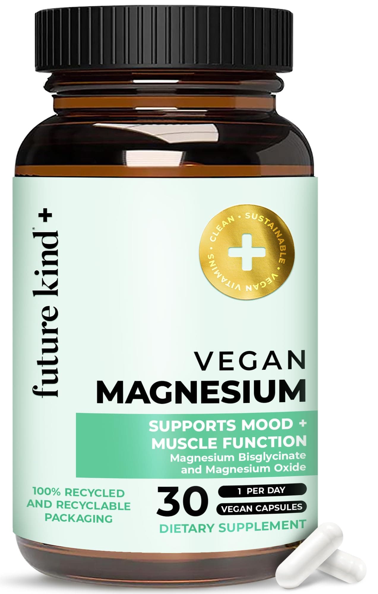 Future Kind Magnesium Glycinate, Supports Muscle and Nerve Function, High Absorption Chelated Magnesium Supplement, Nightly Calm, Energy & Metabolism, Highly Bioavailable & Potent - 30 Vegan Capsules