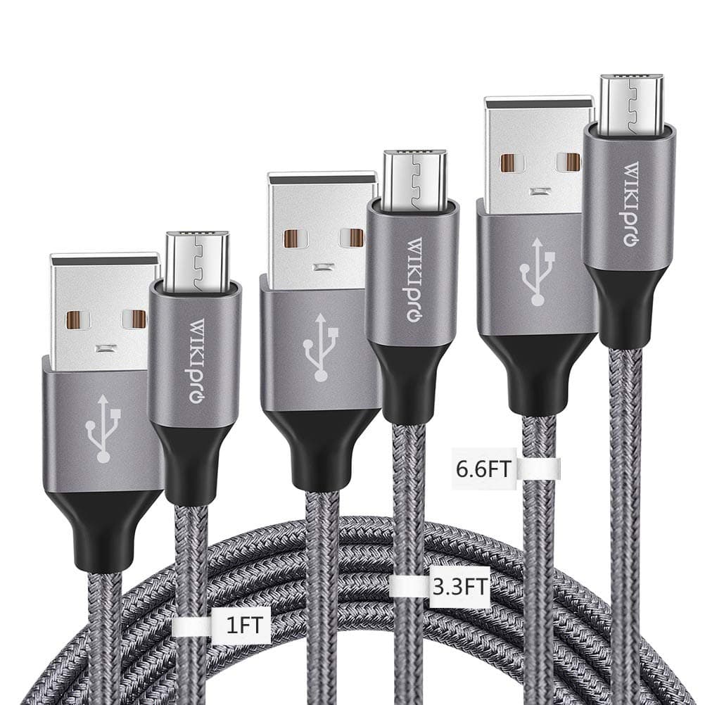 WIKIPro Micro USB Charging Data Sync Cable,USB 2.0 Micro Cable 3Pack (1FT+3.3FT+6.6FT) Nylon Braided Fast Charging Cable for Android Smart Phones,Tablets,Bluetooth Speaker,Power Bank and More