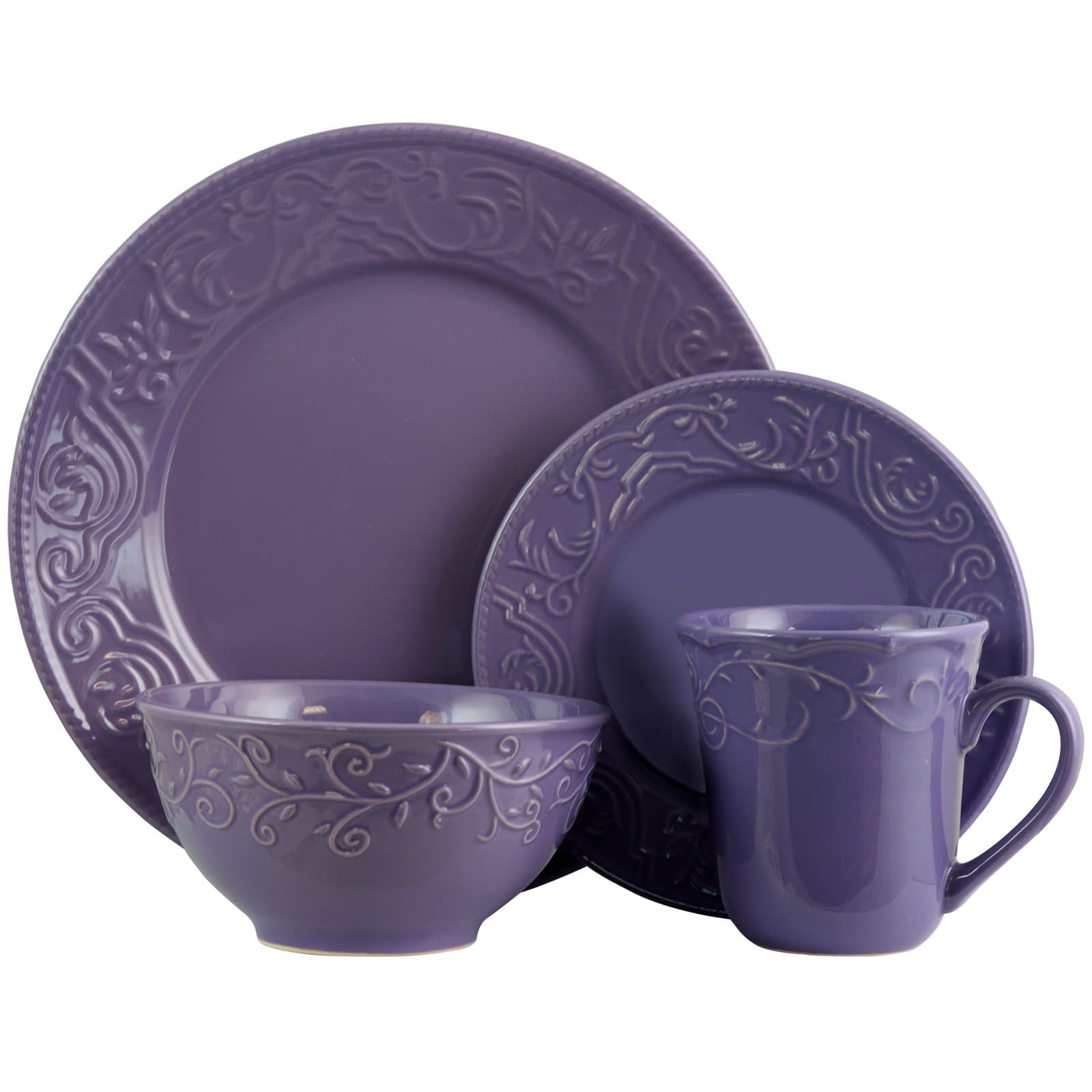 Embossed Stoneware Elegant Round Dinnerware Dish Set, 16 Piece Set, Lilac Purple