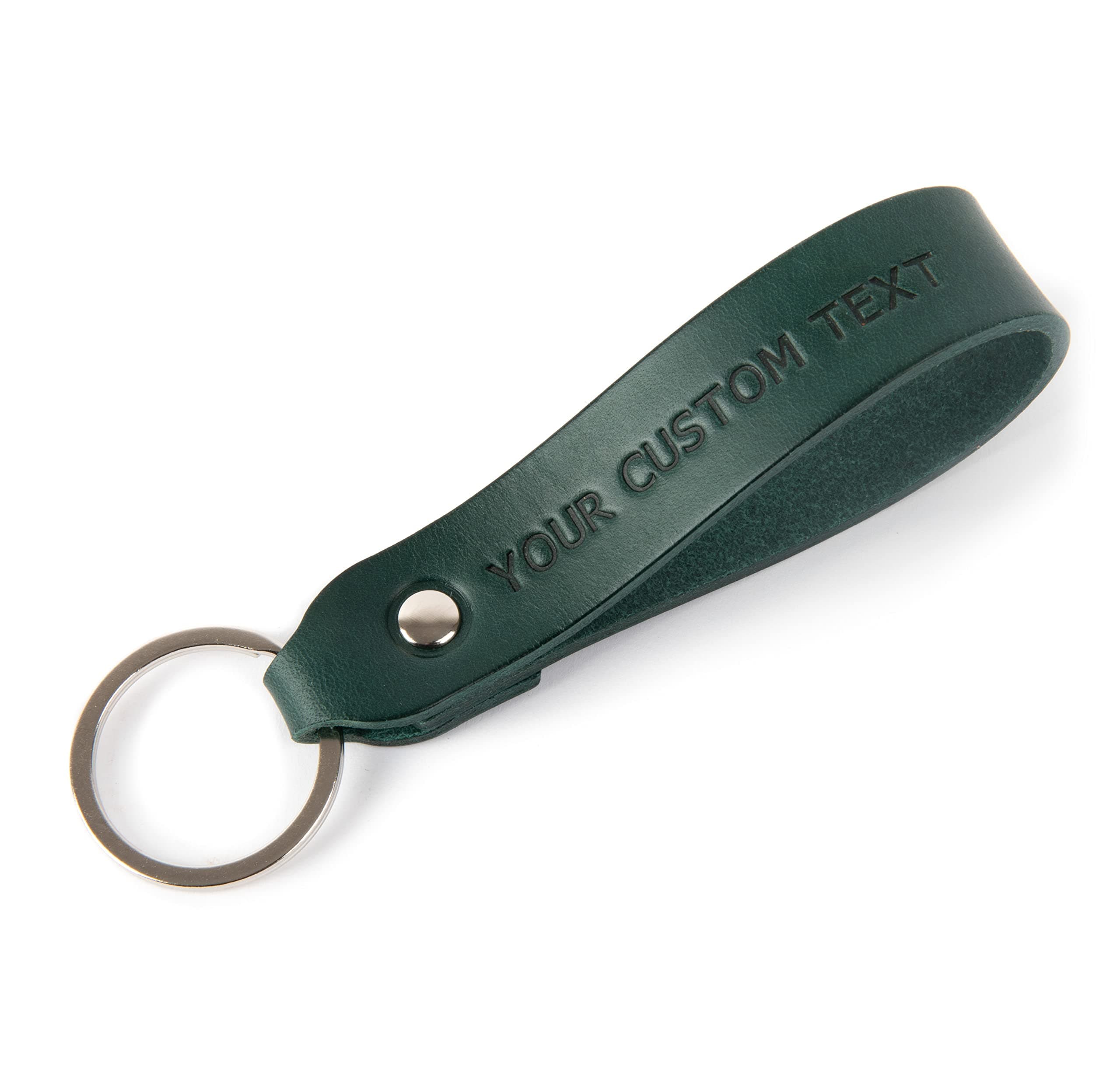Green leather key chain, personalised custom drop shape ring