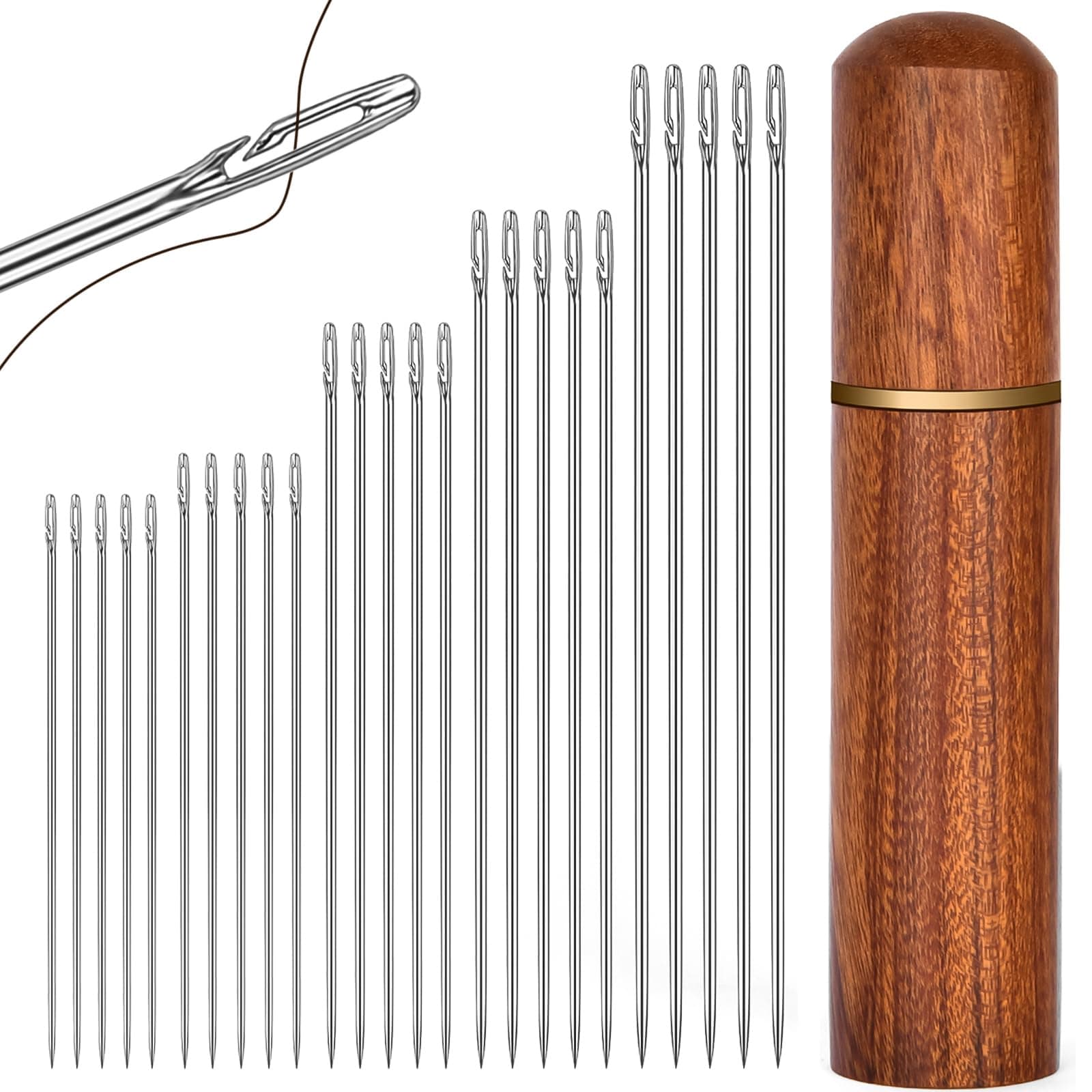 HOTUT 30 Pcs Self-Threading Needles, 6 Size Easy Threading, Durable & Rustproof Stainless Steel, Wooden Case, Hand Sewing, Embroidery, DIY Craft