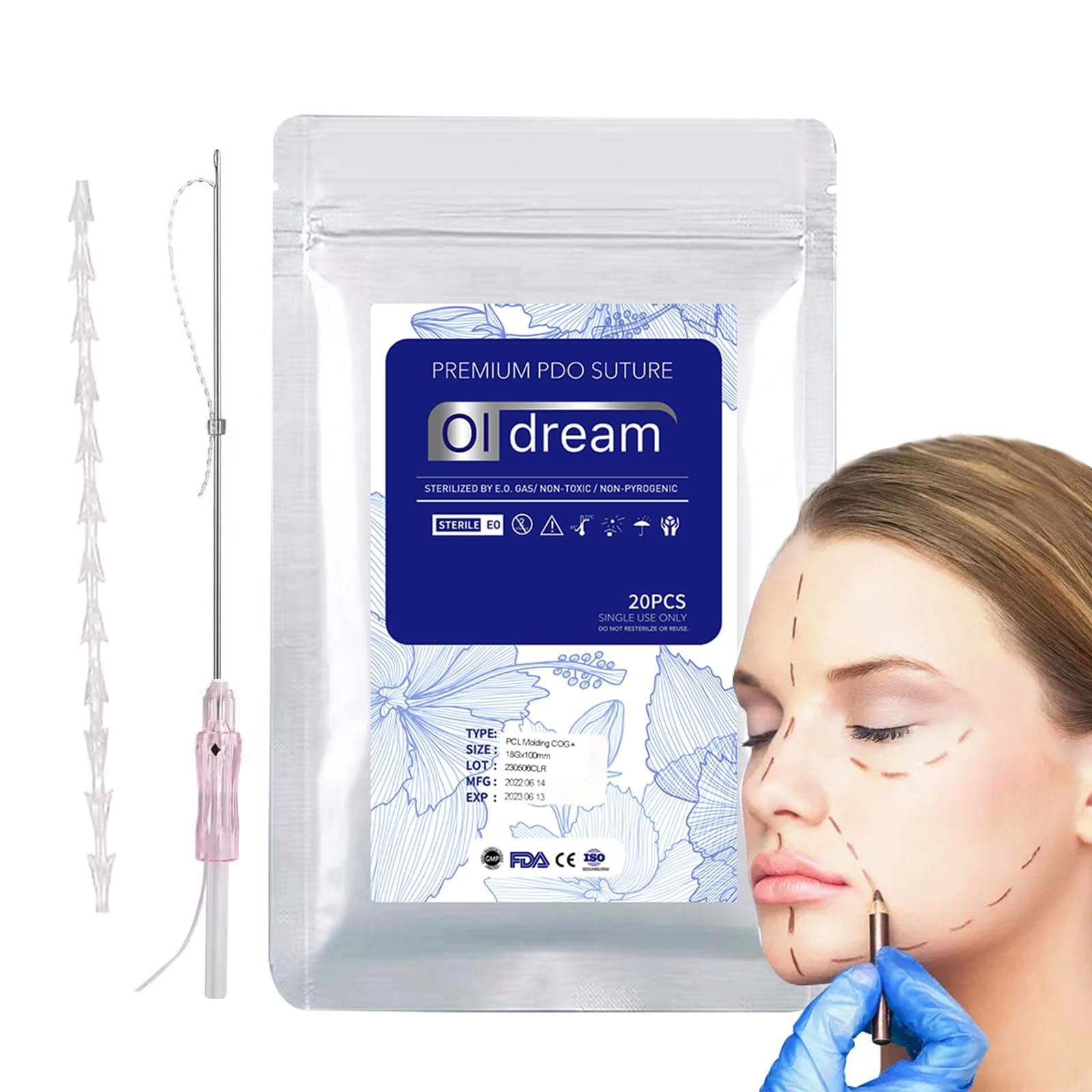 Oldream Pcl Cog Threads, Pcl Fishbone Threads 18G100mm, Pcl Threads for Face, Age-Defying Lift, Bullet Model, 20Pcs