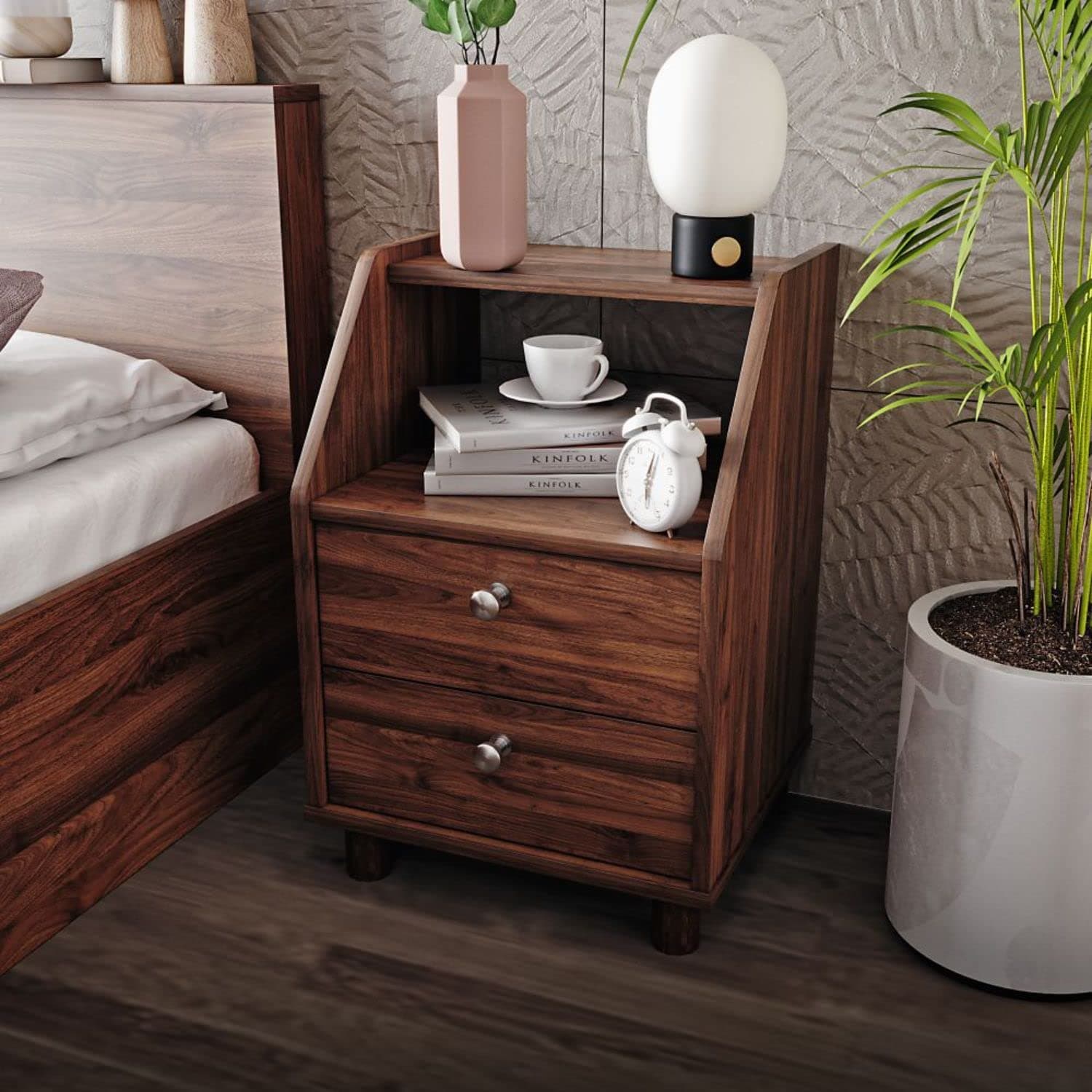 Wakefit Bedside Table| Engineered Wood Side Table with Storage with Double Drawer | 1 Year Warranty | - Orion - Columbian Walnut