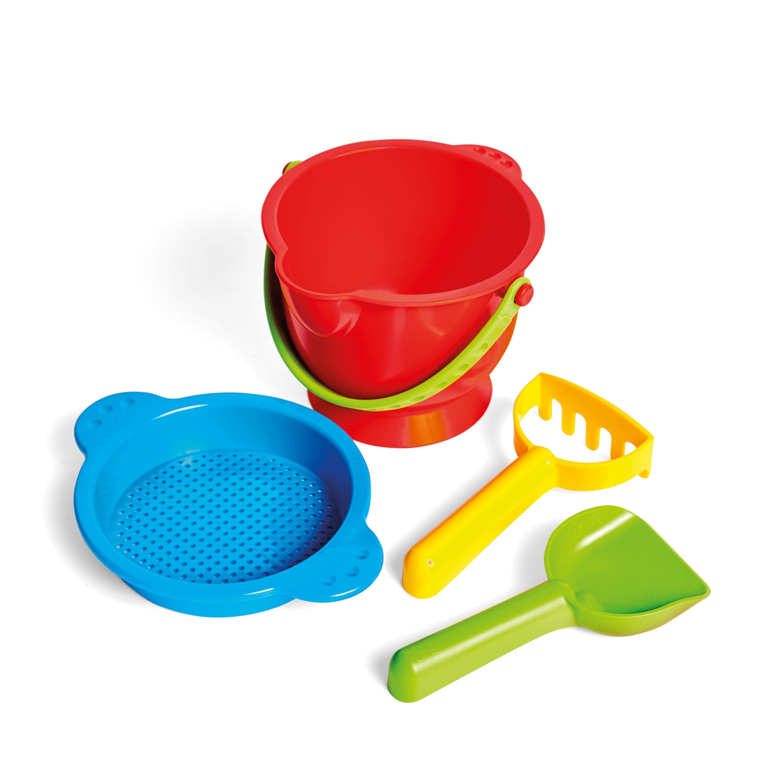 Hape Beach Basics Sand Toy Set Including Bucket Sifter, Rake, and Shovel Toys| Sand Toy Playset for Toddlers 18M+