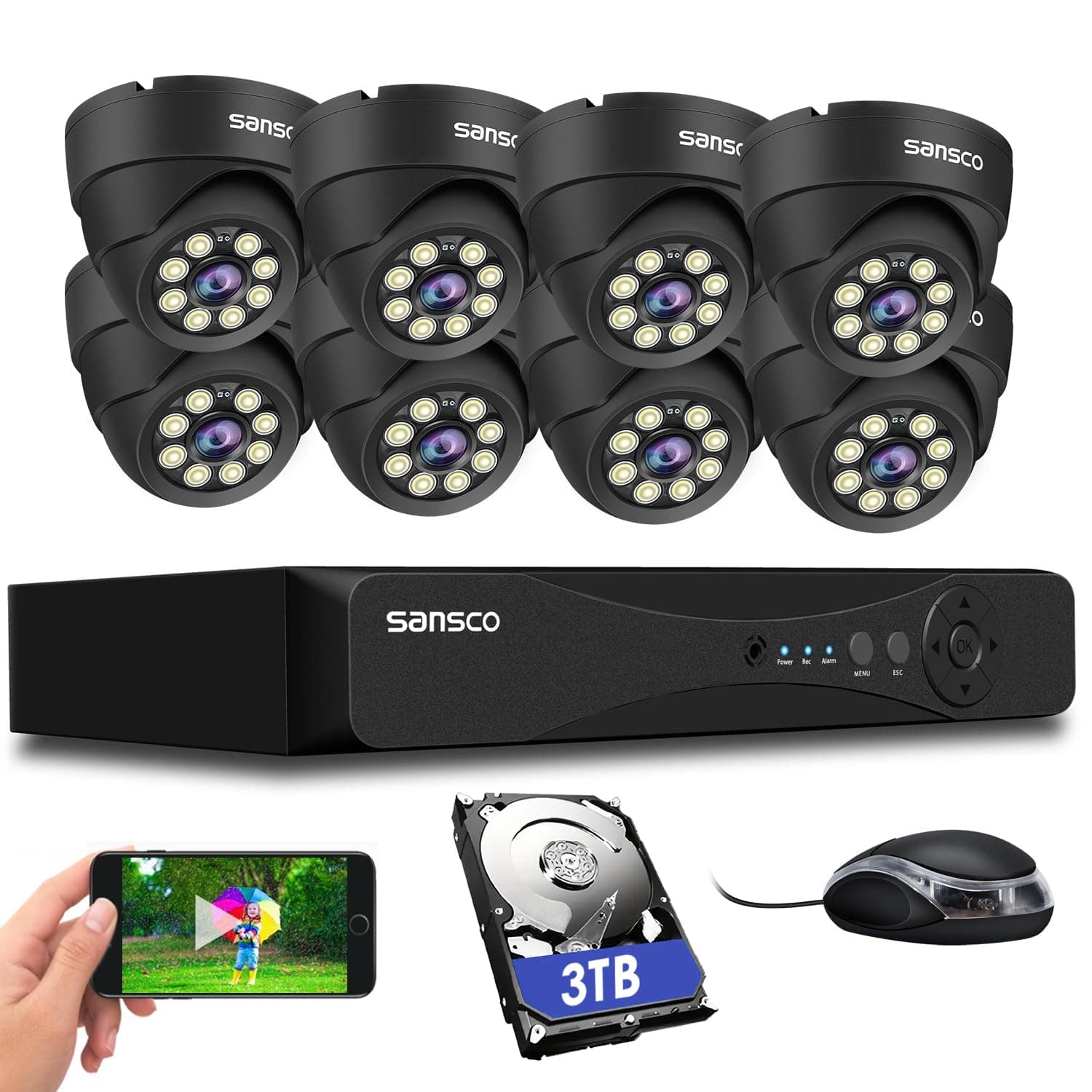 SANSCO 3K 8CH CCTV Security Camera System, 8 Channel DVR 3TB Hard Drive 24/7 Recording, 8 x 5MP Surveillance Dome Camera Outdoor, Color Night Vision, Human Face Vehicle Detection, APP/Email Alert