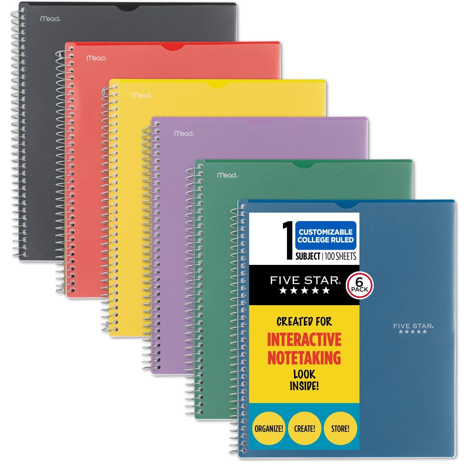 Five Star Interactive Notetaking Spiral Notebook, 6 Pack, 1 Subject, College Ruled Paper, 8-1/2" x 11", 100 Sheets, Fights Ink Bleed, Customizable Water Resistant Cover, Assorted Colors (820043)