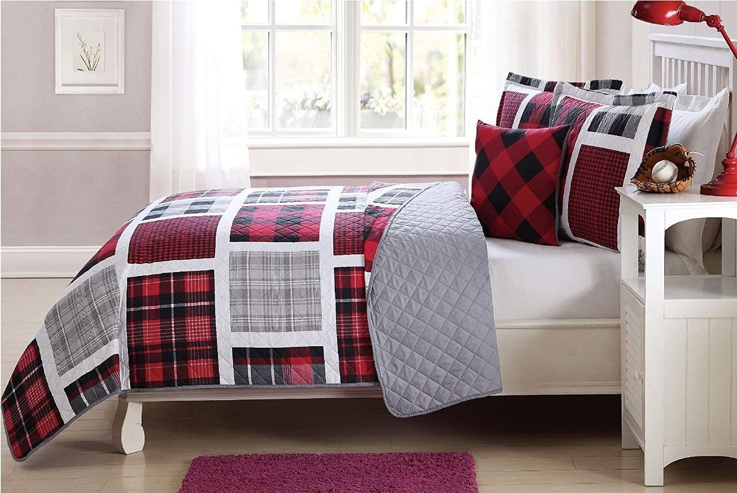 Elegant Home Multicolor Red Black White Grey Printed Plaid Patchwork Design Colorful 3 Piece Quilt Bedspread Bedding Set with Decorative Pillow for Kids/Boys # Plaid (Twin Size)