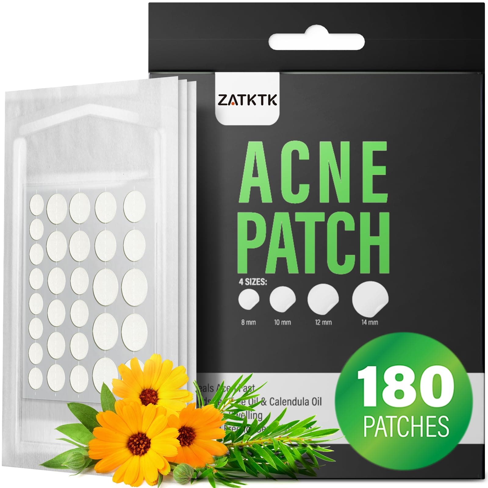 Acne Pimple Patch (180 Counts 4 Sizes), FSA Eligible Invisible Hydrocolloid Acne Patch with Tea Tree Oil & Calendula Oil, Acne Spot Patch Zit Patches for Face