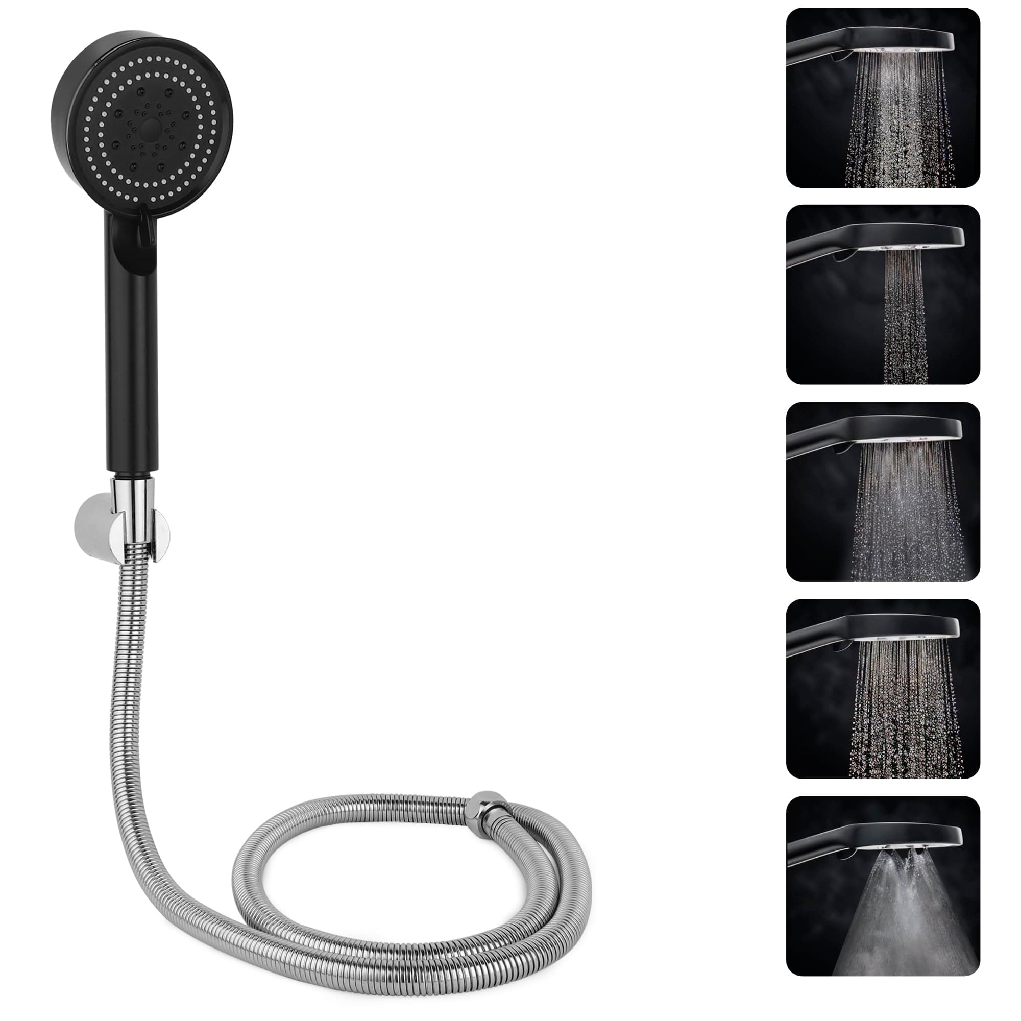 BATH GURU BGBHS001 ABS 9 Inch High Pressure Multi Function 5 Mode Spray Handheld Shower for Bathroom Black Round (With 1 Mtr Chrome Plated Shower Tube Hose Pipe)