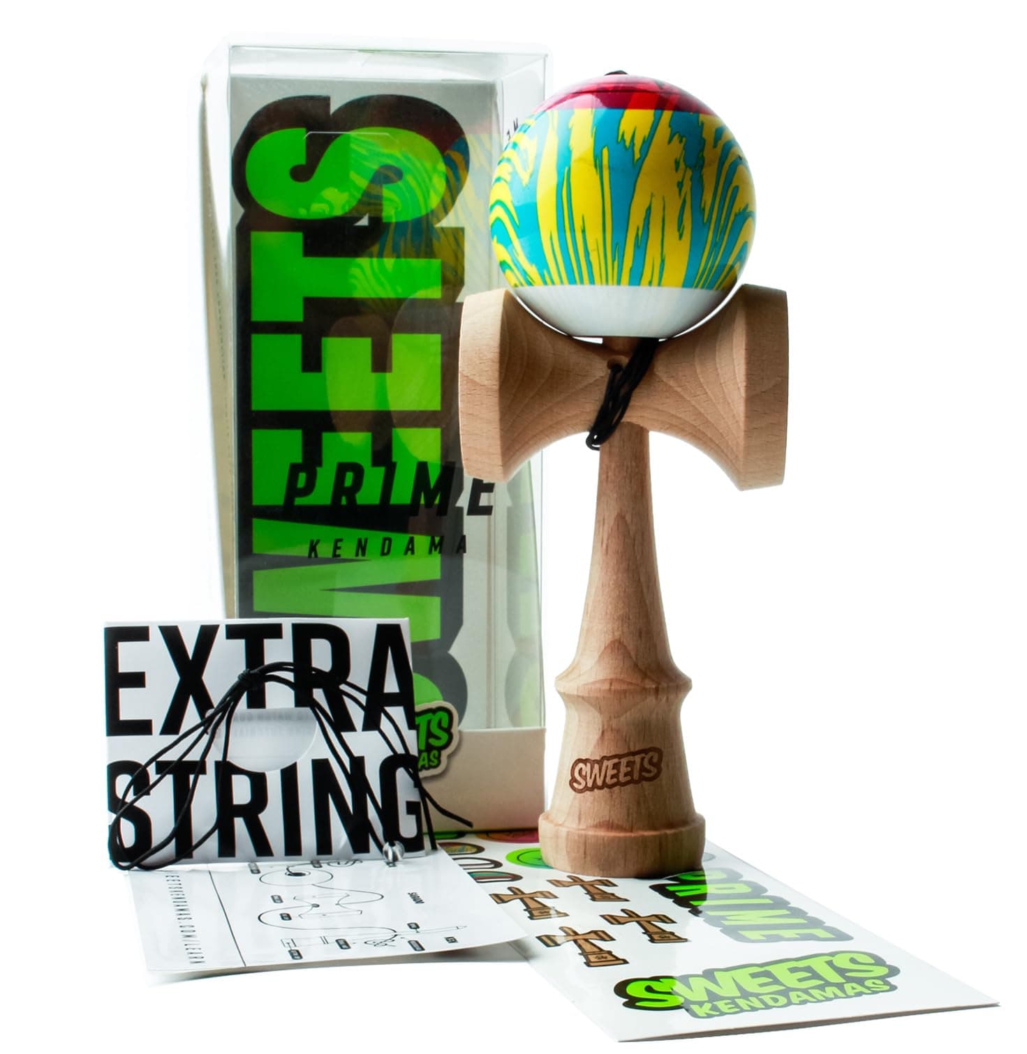 Grain Split Kendama, Improves Hand Eye Coordination, Reflexes, Sticky, Extra String Accessory Gift Bundle (CMYK)