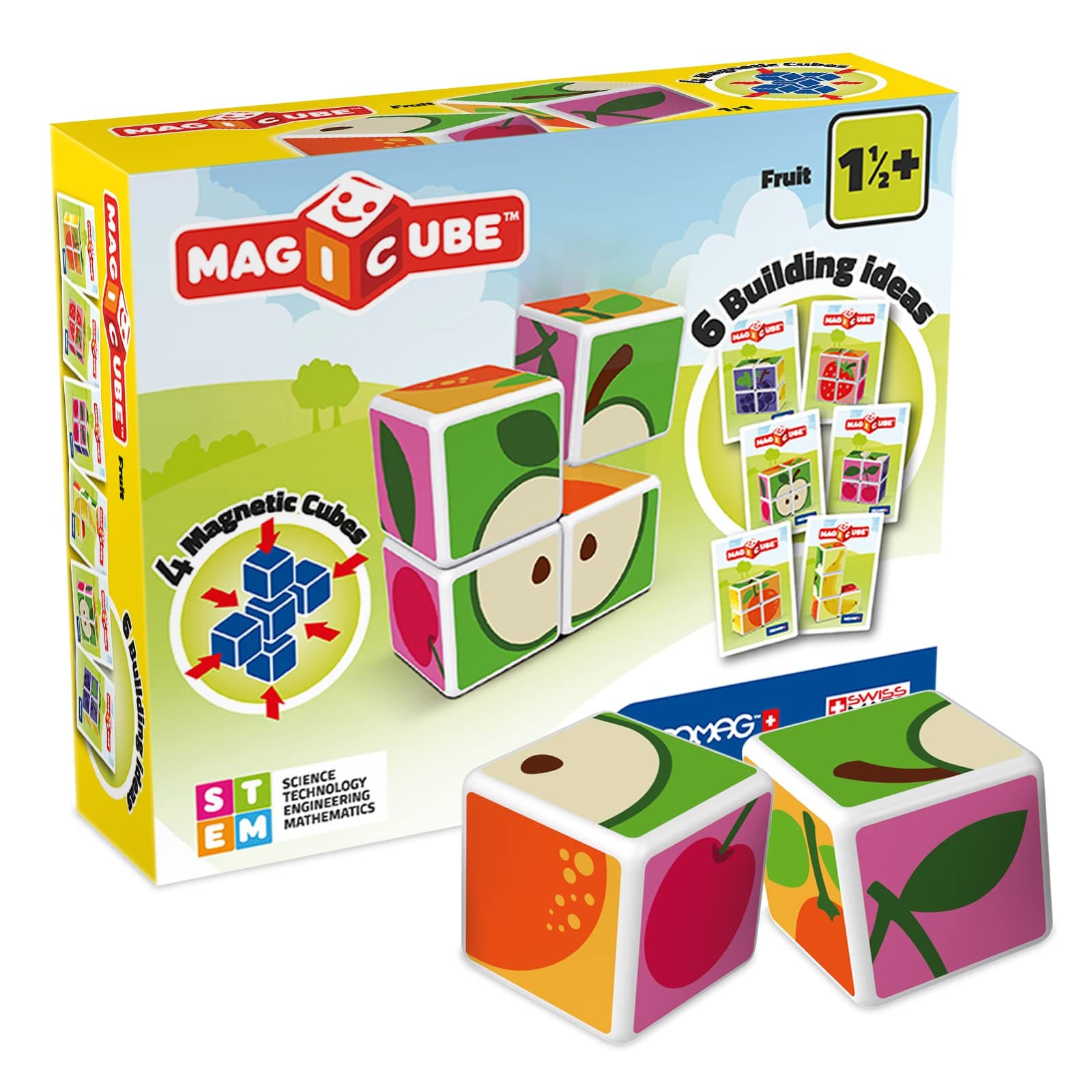 Magicube Printed Fruit with Magnetic Cubes and Cards 7pcs Magnet Toys Building Constructions for Children STEM Creativity Imagination, Recreational Conventional Educational Made in Switzerland