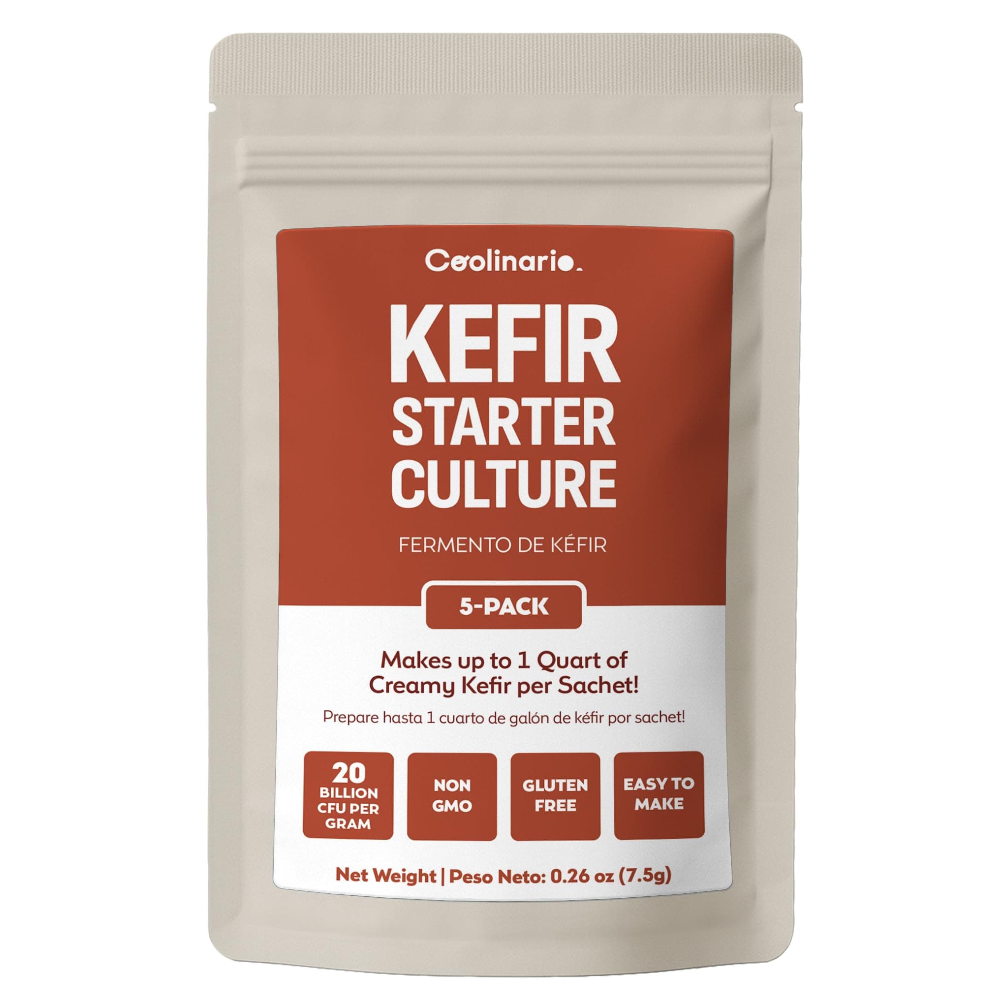 Coolinario Kefir Starter Culture (5-Pack, 1.5g Sachets) Live Probiotic Cultures for Homemade Kefir | Smooth, Creamy & Tangy | Non-GMO, No Preservatives, Gluten Free