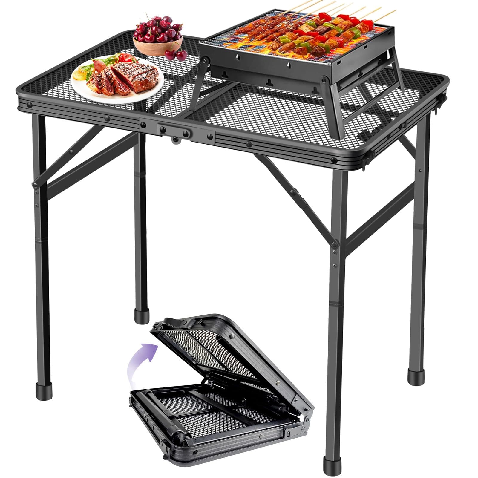 BRIAN & DANY Camping Table Folding Grill Table, Small Foldable Table Height Adjustable, Portable Metal Picnic Table for Outdoor, Black, 2x1.3FT