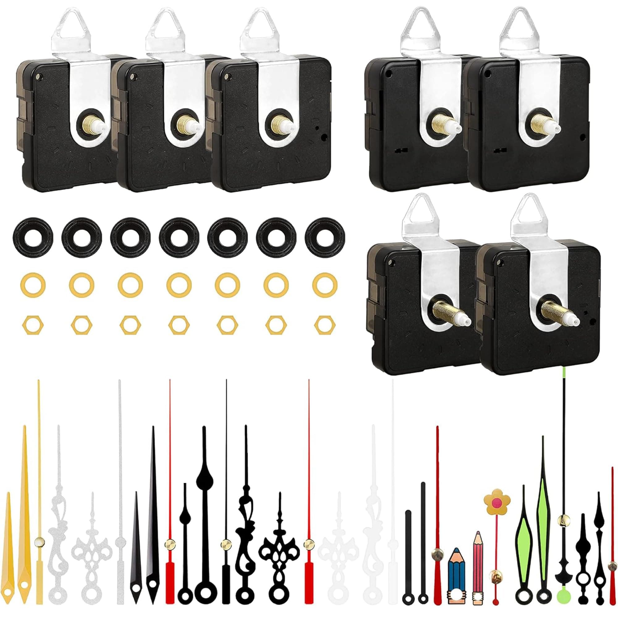 7pcs High Torque Quartz Clock Movement Mechanism Replacement Clock Kit with 10 Different Pairs of Hands Clock for DIY Handicrafts Repair Clock Parts Shaft Lengths 12mm 15.5mm 21.5mm