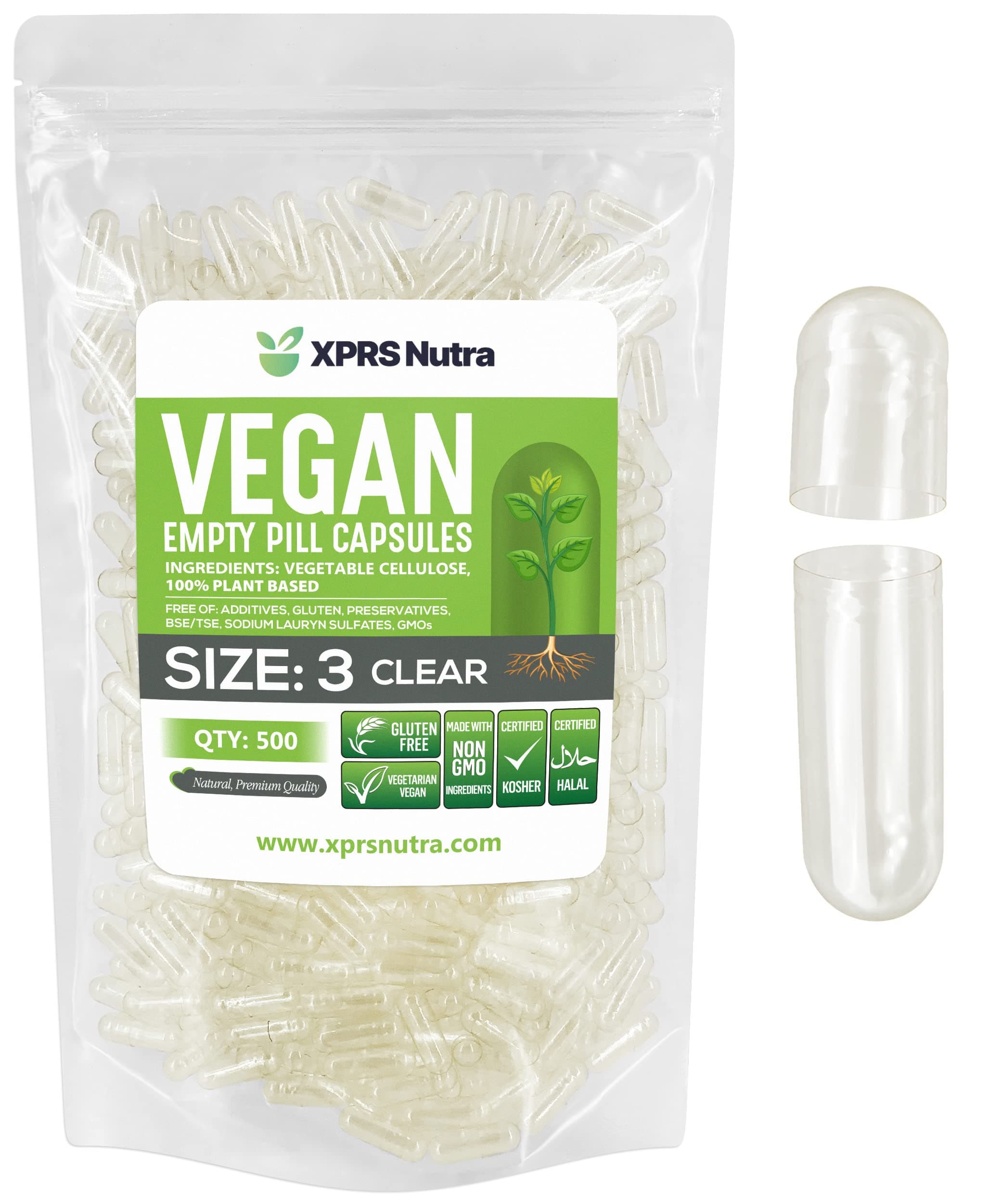 XPRS Nutra Size 3 Empty Capsules - 500 Count Clear Empty Vegan Capsules - Vegetarian Pills - DIY Vegetable Capsule Filling - Veggie Pill Caps for Do It Yourself Supplements