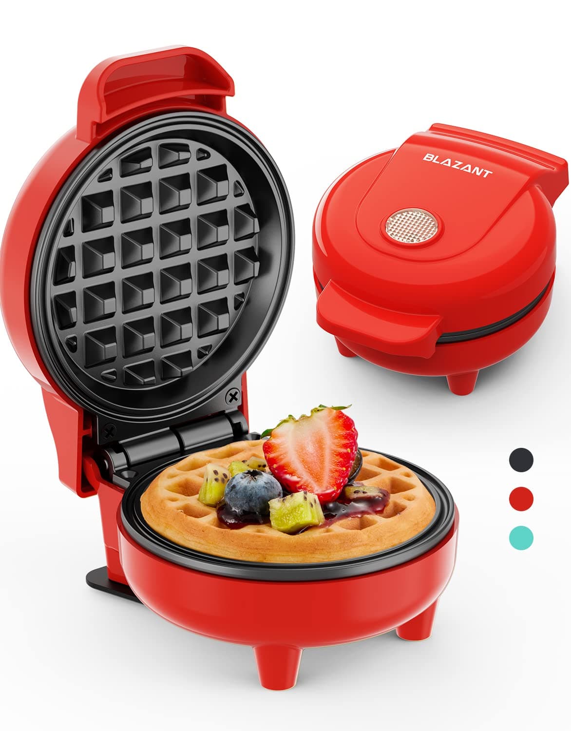 Waffle Maker Mini Small Compact Design, Breakfast Waffle Iron Machine Nonstick Coating, Snack Chaffle Hash Browns Round 4 Inch 550W, Red BLAZANT