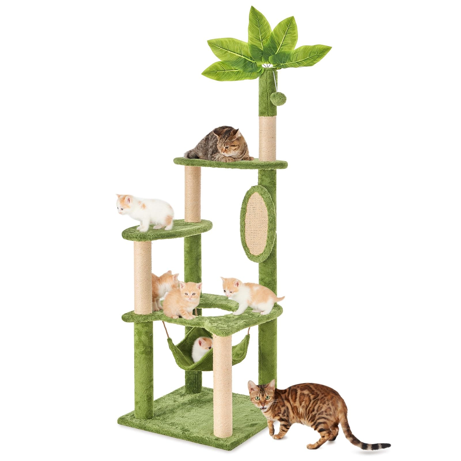 55" Cat Tree for with Green Leaves, Multi-Level Large Cat Tower with Hammock, Plush Cat House with Hang Ball Toy and Sisal Scratching Posts Furniture