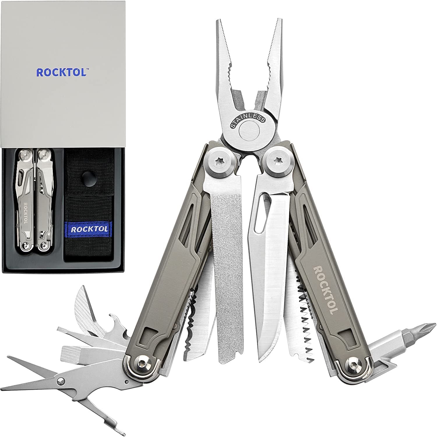 Multi-Tool Pliers: 19-in-1 multi-tool with titanium plate handle, lightweight and safe locking EDC tool, gift, nylon sheath for men, outdoor survival, hiking, camping