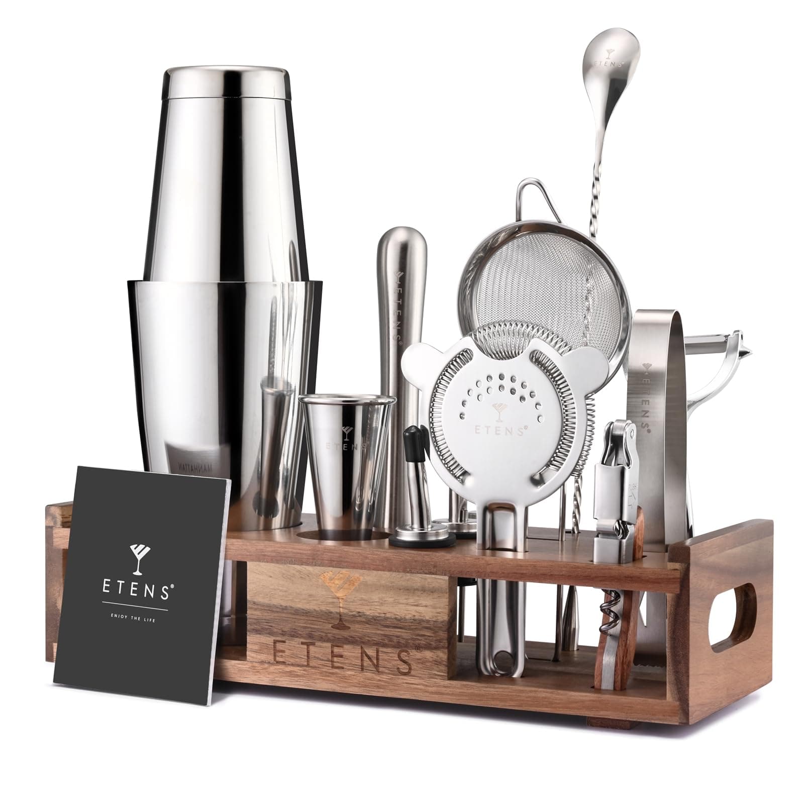 Premium 15-Piece Mixology Bartender Kit – Stainless Steel Cocktail Shaker Set with Wooden Stand | Professional Boston Shaker Bar Tool Set for Home & Expert Mixologists | Luxury Cocktail Making Gift