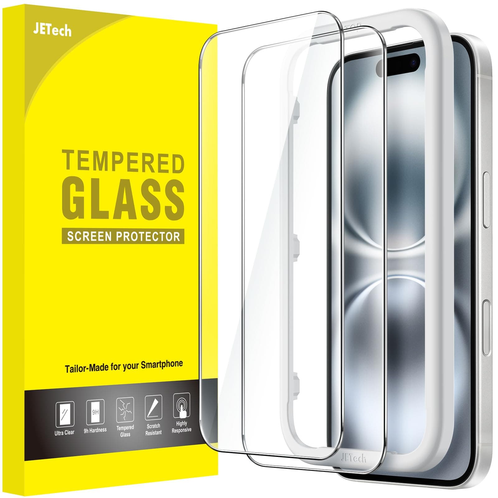 JETech Screen Protector for iPhone 16 6.1-Inch, Tempered Glass Film with Easy Installation Tool, Case-Friendly, HD Clear, 2-Pack
