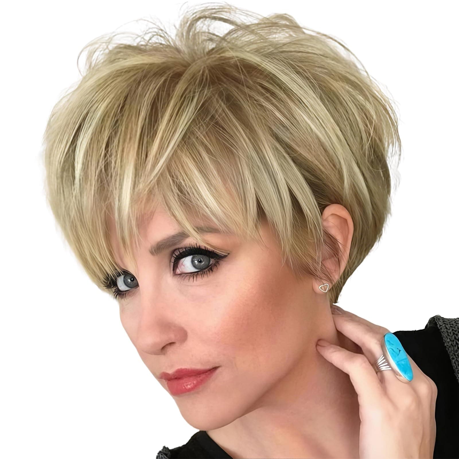 PHOCAS Pixie Cut Wigs Short Stylish Fluffy Layer Wig None Lace Replacement Wig with Bangs for Women Brown Mix Blonde Wig Short