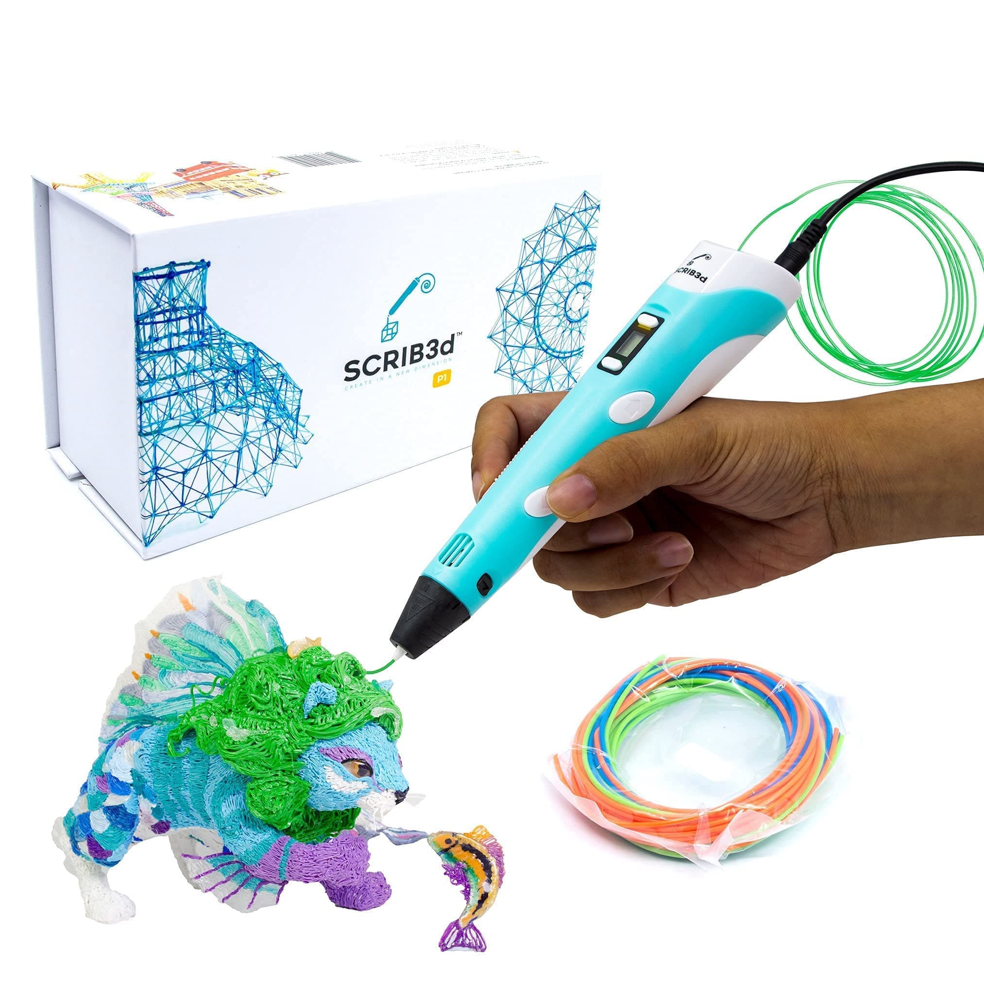SCRIB3D Printing pen with display-includes 3D pen, 3 start colors of PLA yarn, stencil book + multicolor project manual
