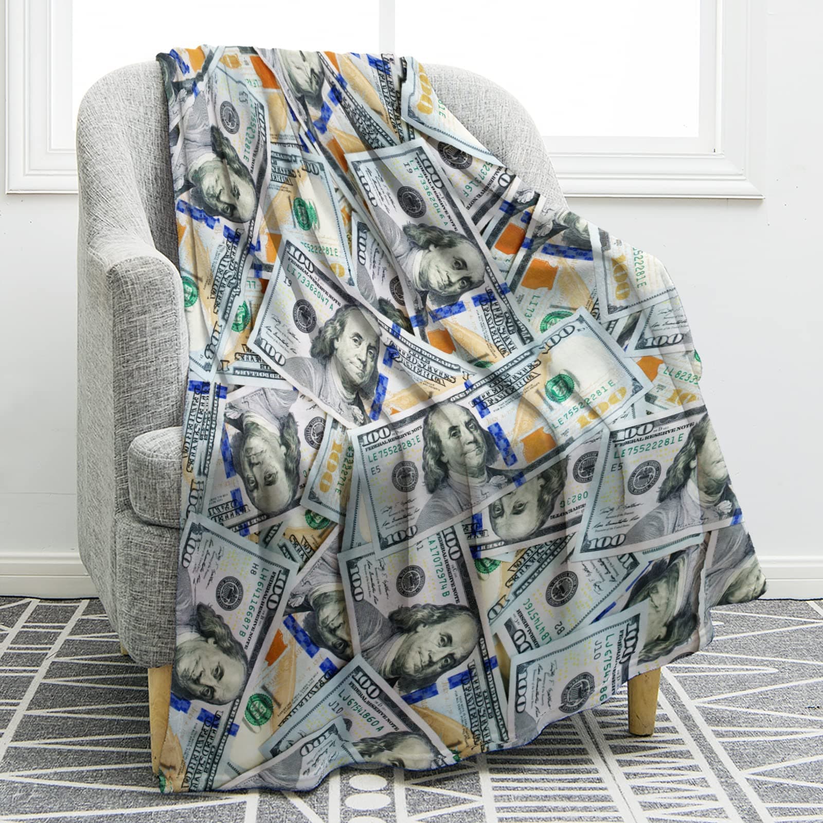 Money Blanket 100 Dollar Bills Pattern Print Gifts for Women Kids Girls Men Birthday Halloween for Dad Mom Husband Wife Teens Wealth Bed Decor Throw Blankets 50"x60"