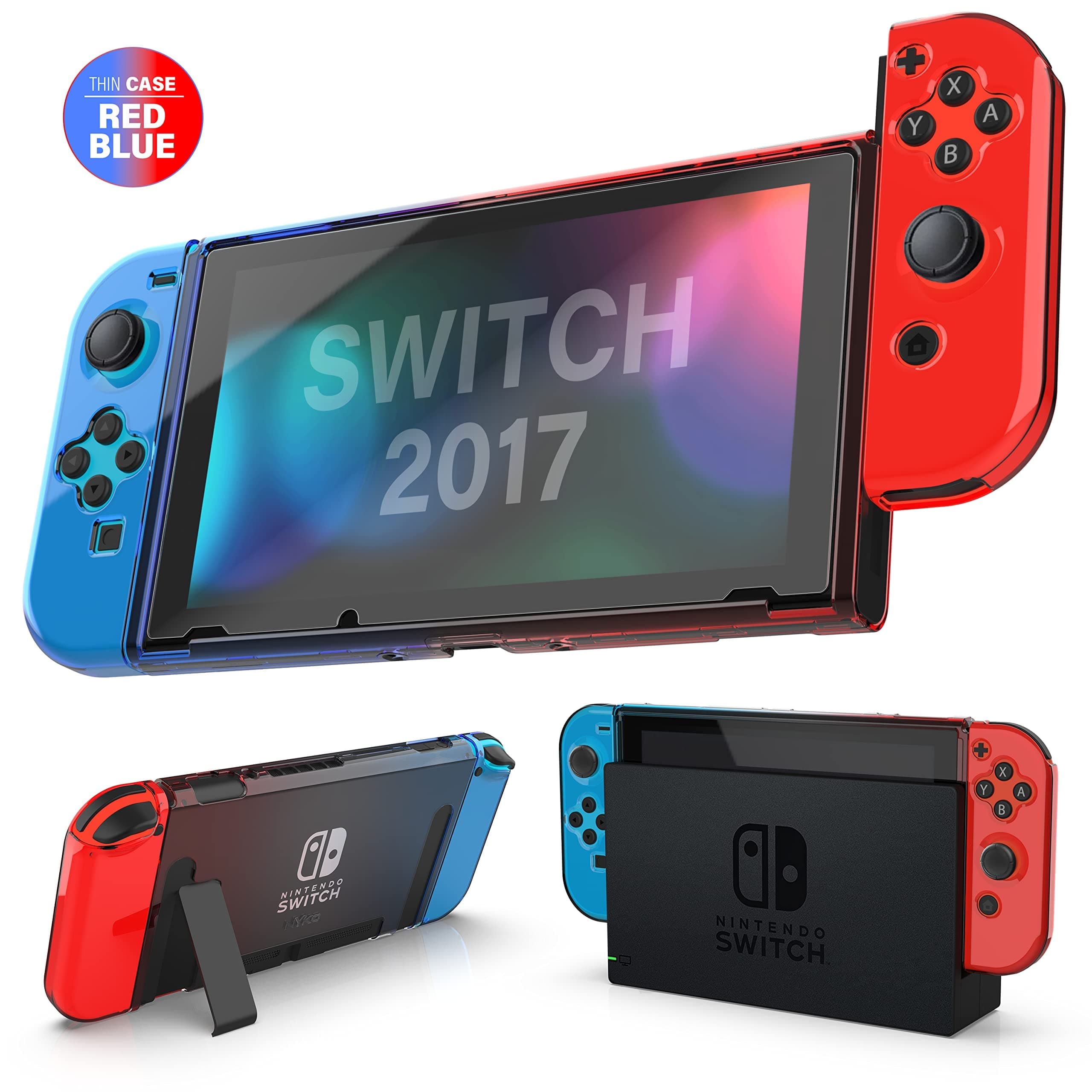 Nyko Thin Case - Dockable Protective Case with Tempered Glass Screen Protector for Nintendo Switch - Red/Blue