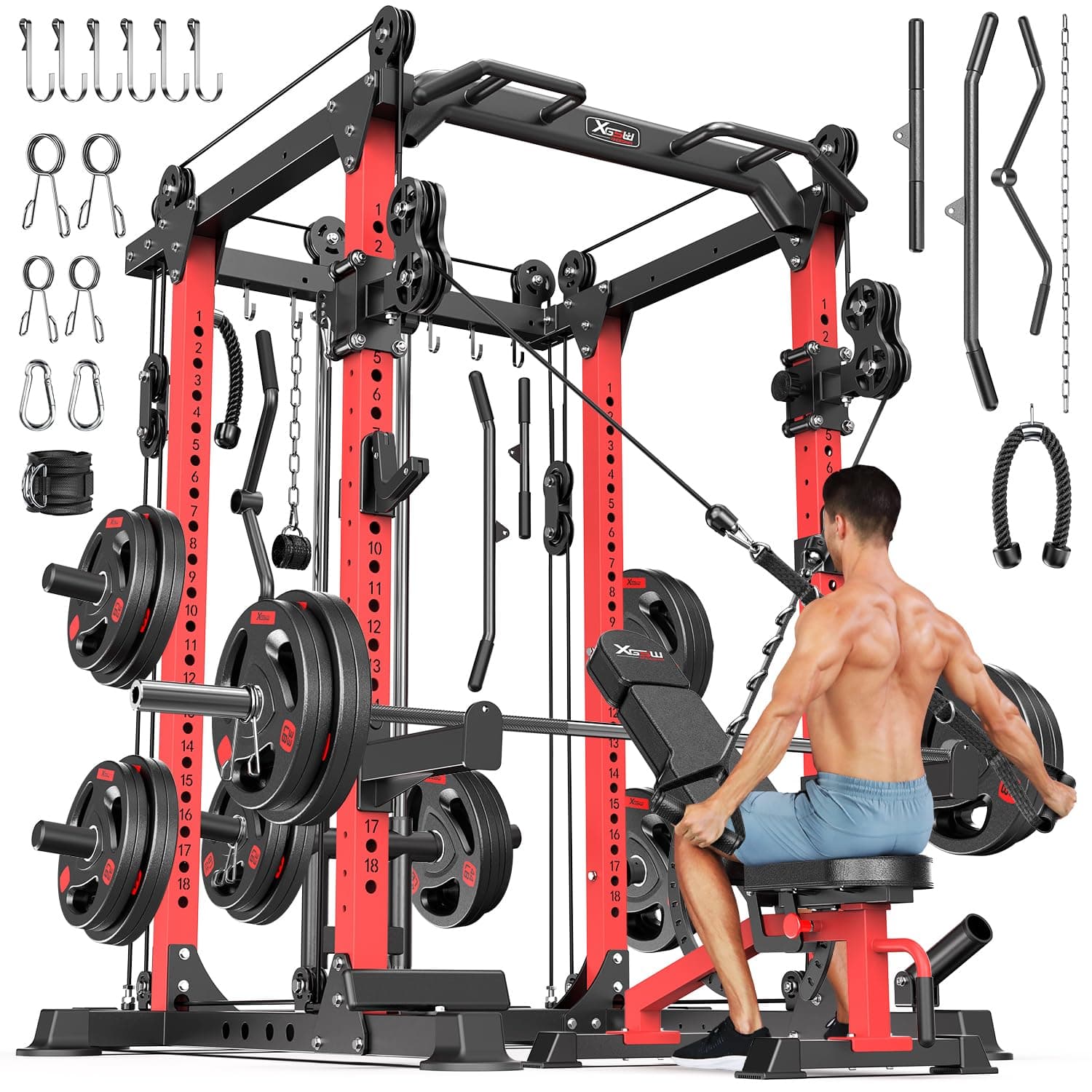 Power Cages Multi-Purpose Squat Rack with Cable Crossover System, Matching Weight Bench, Olympic Barbell Weight Set for Garage and Home Gyms