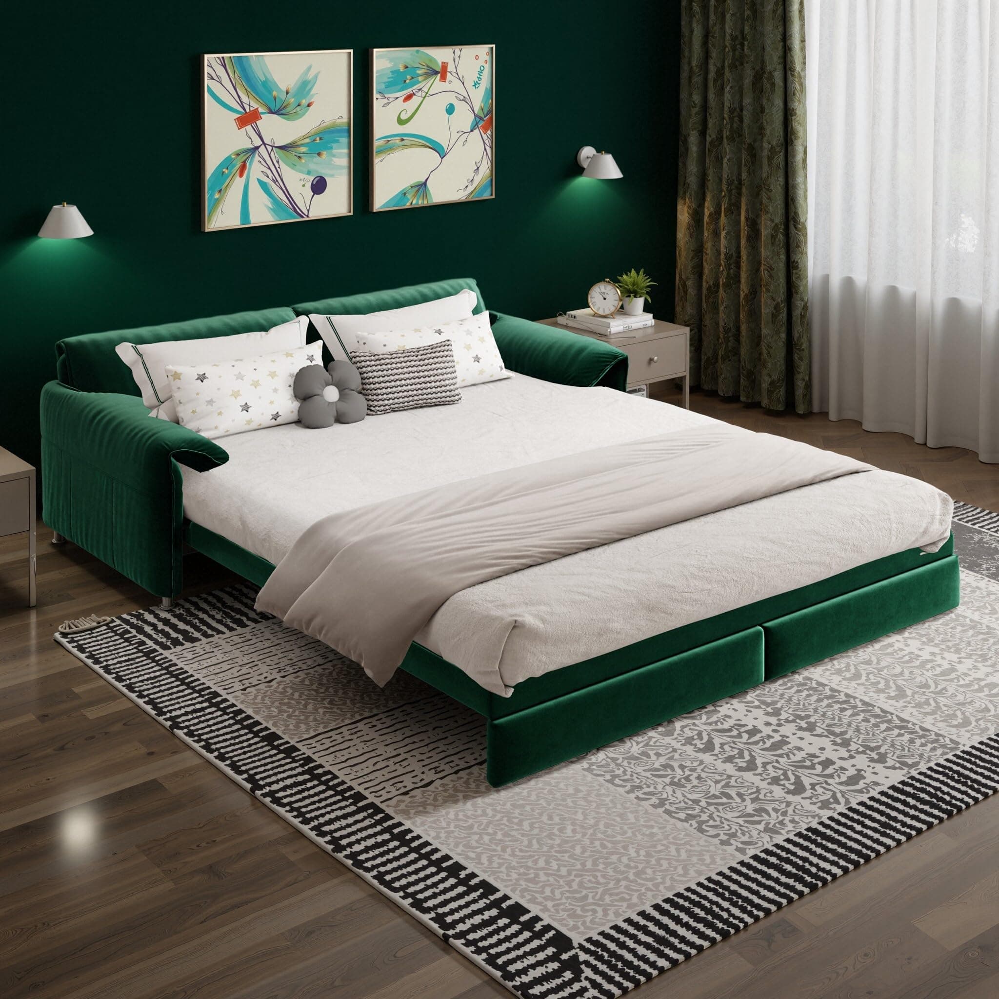 66" Queen Size Pull Out Sofa Bed, 3-in-1 Convertible Sleeper Sofa with Side Storage, Folding Floor Sofa Lounge Couch, Velvet Loveseat Bed for Living Room, Bedroom, Office, Green