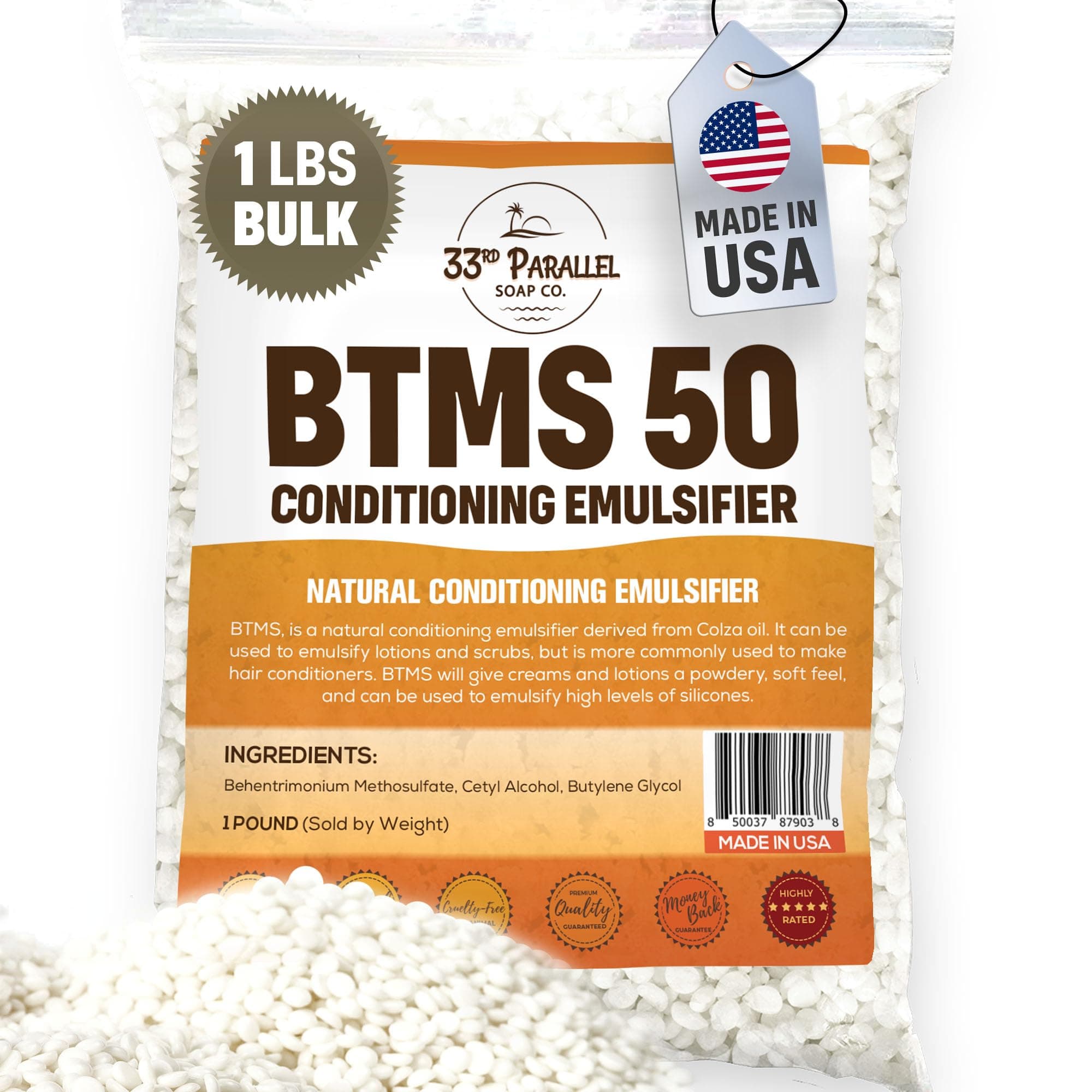 33rd PARALLEL | BTMS 50 (1 LBS / 16 Oz) Conditioning Emulsifier | 100% Natural Plant Derived | Behentrimonium Methosulfate Cetearyl Alcohol Emulsifying Conditioner | Product of USA (1 POUND)