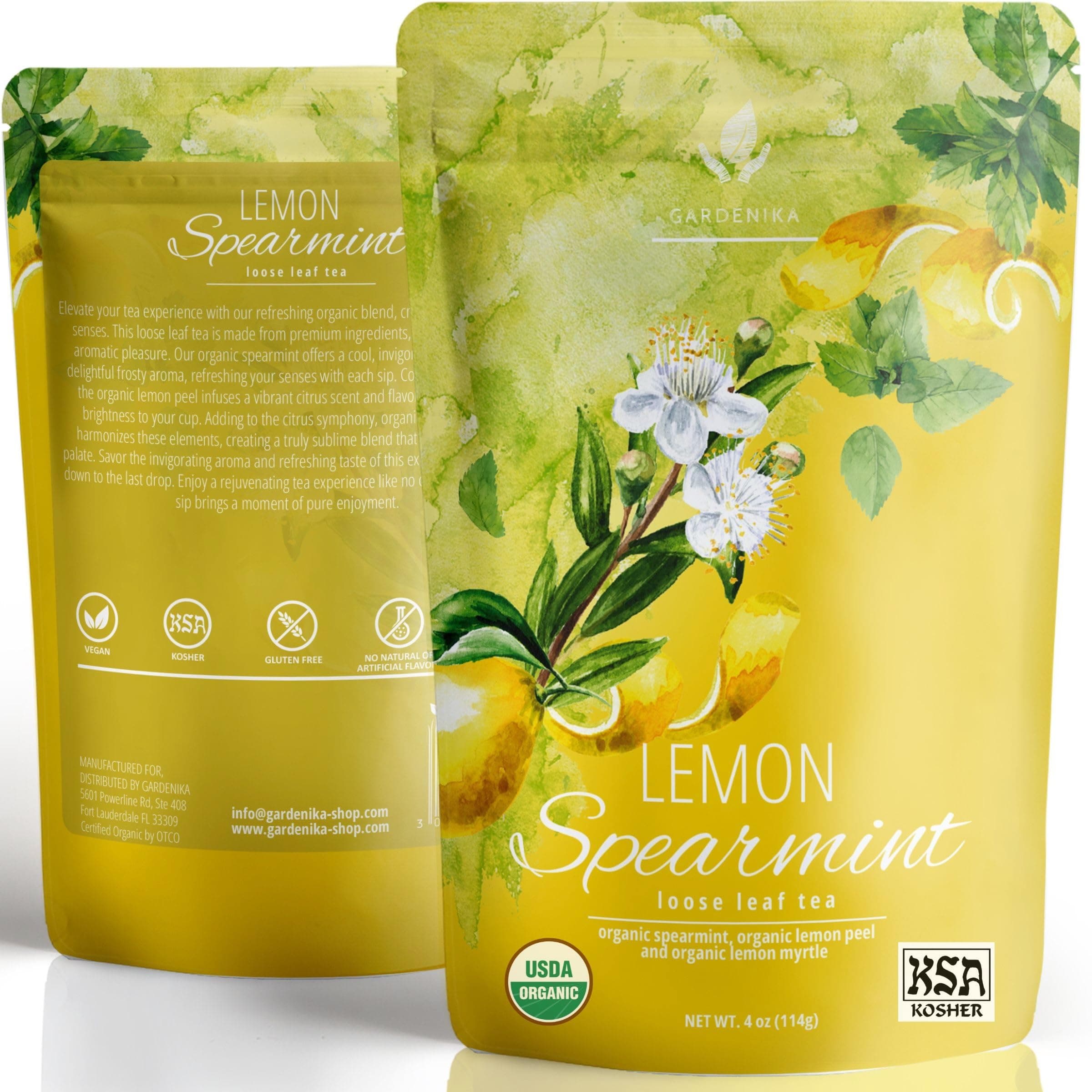 Gardenika Lemon Spearmint Organic Loose Leaf Tea, Herbal and Caffeine-Free Natural Blend – KSA Kosher, No Natural or Artificial Flavors – 4 oz (1 Pack)