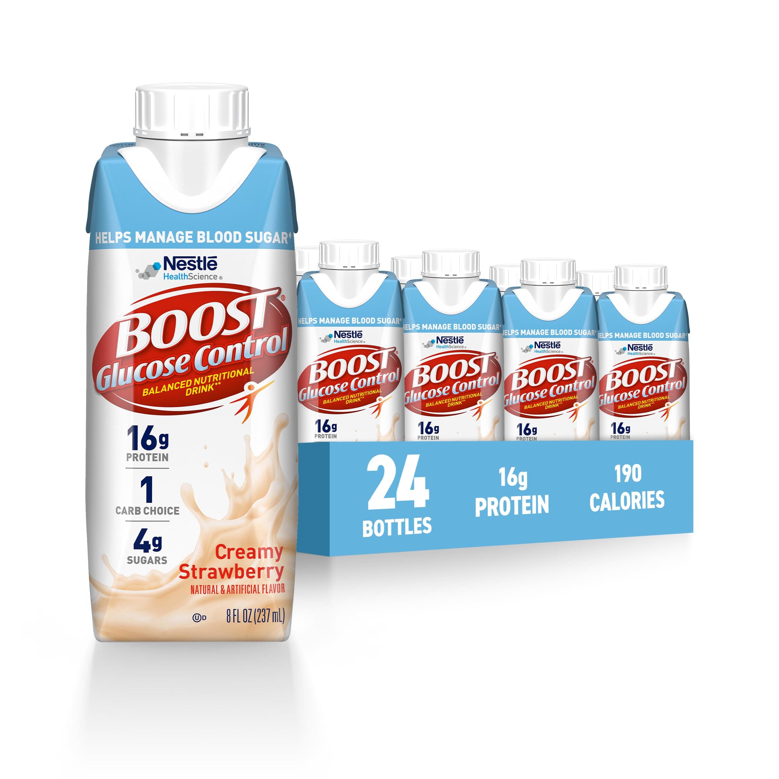 - BOOST Glucose Control Ready to Drink Nutritional Drinks, Creamy Strawberry, 8 fl oz Carton (4 x 6 Packs)