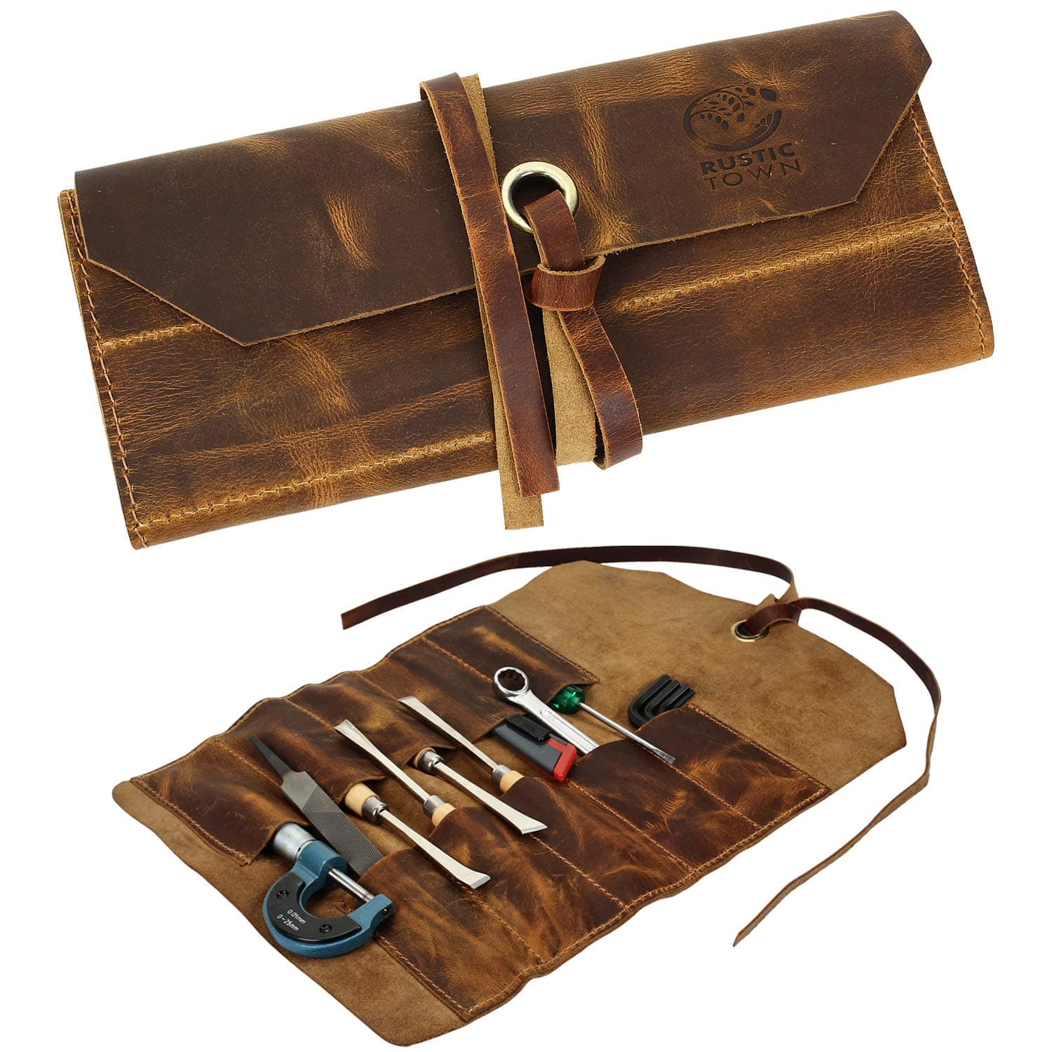 Leather Tool Roll Up Pouch - Leather Tool Wrench Roll / Chisel Bag by Rustic Town
