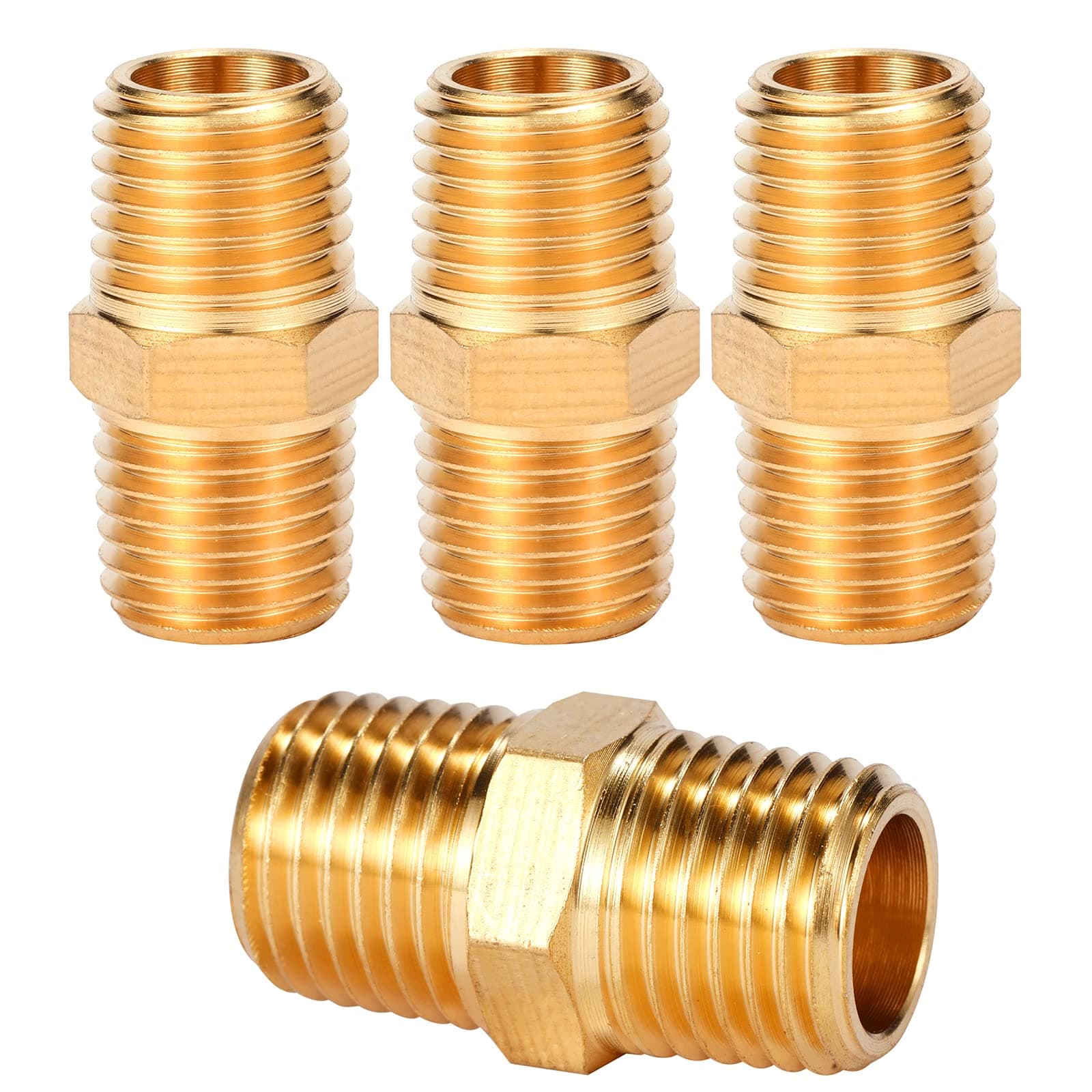4 pcs Solid Brass Pipe Fitting, Hex Nipple, 1/4" x 1/4" NPT Male Pipe Adapter (O.D x O.D: 1/2'' x 1/2'')
