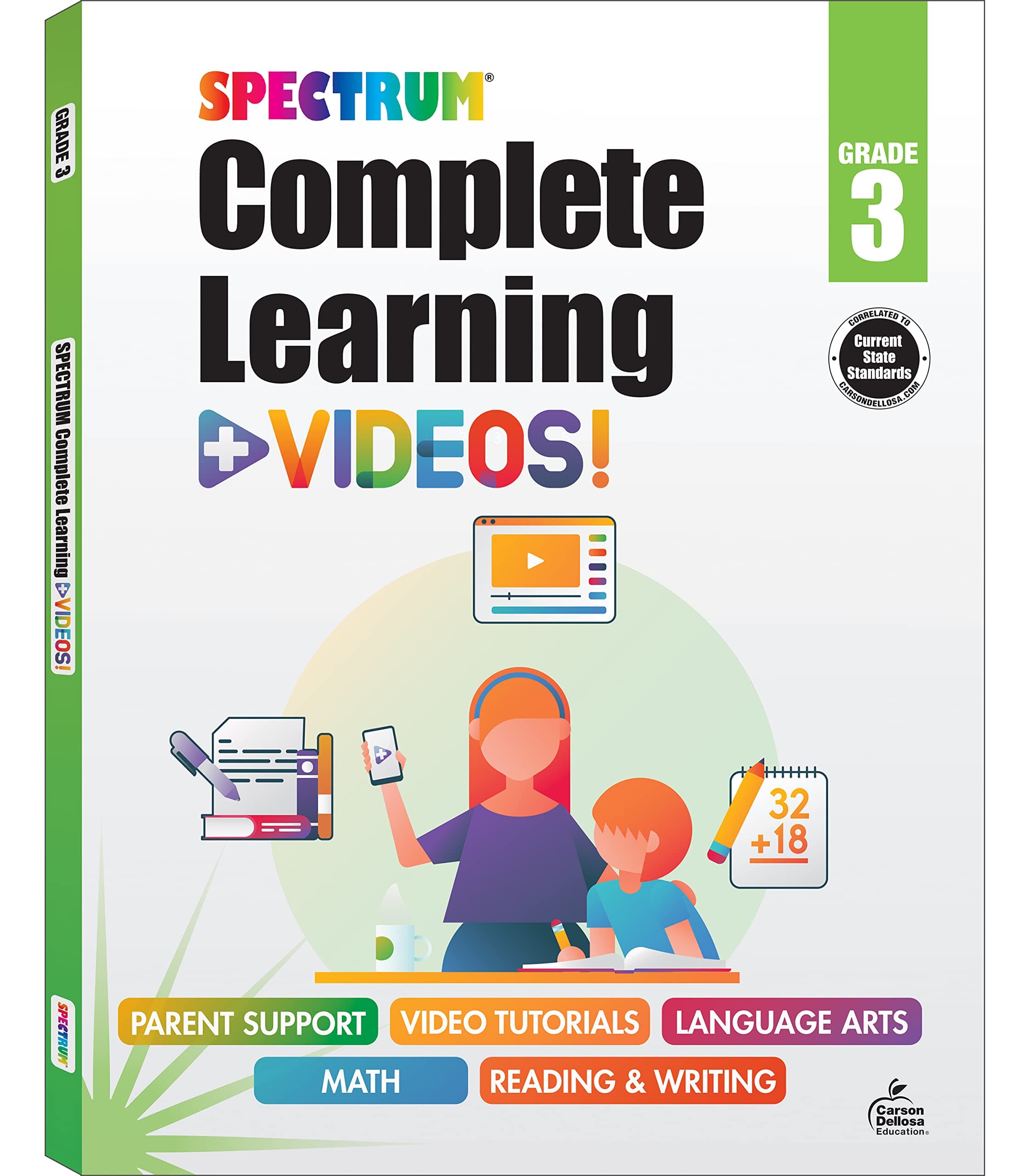 Spectrum Complete Learning + Videos 3rd Grade Workbooks, Language Arts, Reading Comprehension, Writing, and Math Book for Kids Ages 8-9 With Video Tutorials (Volume 68)