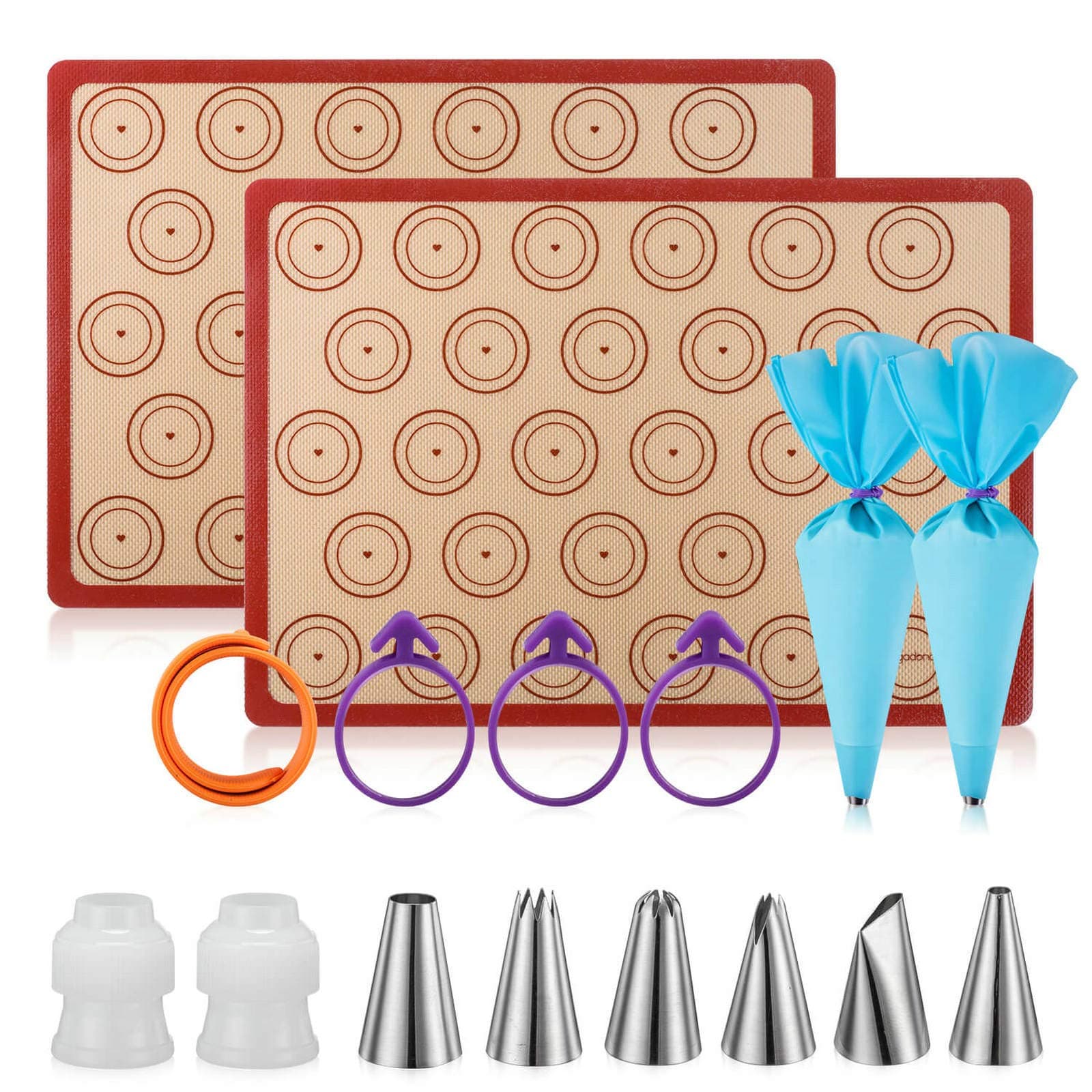 Silicone Macaron Baking Mat Kit - 16pcs Set, Macaroon Baking Mat Set of 2 Half Sheet Macaron Silicone Mat Nonstick Macaron Mat Sheet,6 Piping Tip,2 Piping Bag with 3 Bag Tie, 2 Coupler (11.6"x16.5")