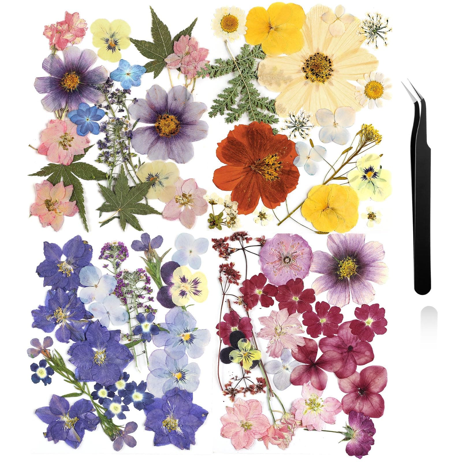 Nuanchu Dried Pressed Flowers for Crafts Resin Pressed Flowers Bulk Purple Dried Wildflowers Leave Natural with Tweezer DIY Christmas Crafts Supplies for Resin Mold Scrapbooking Nail Soap Making