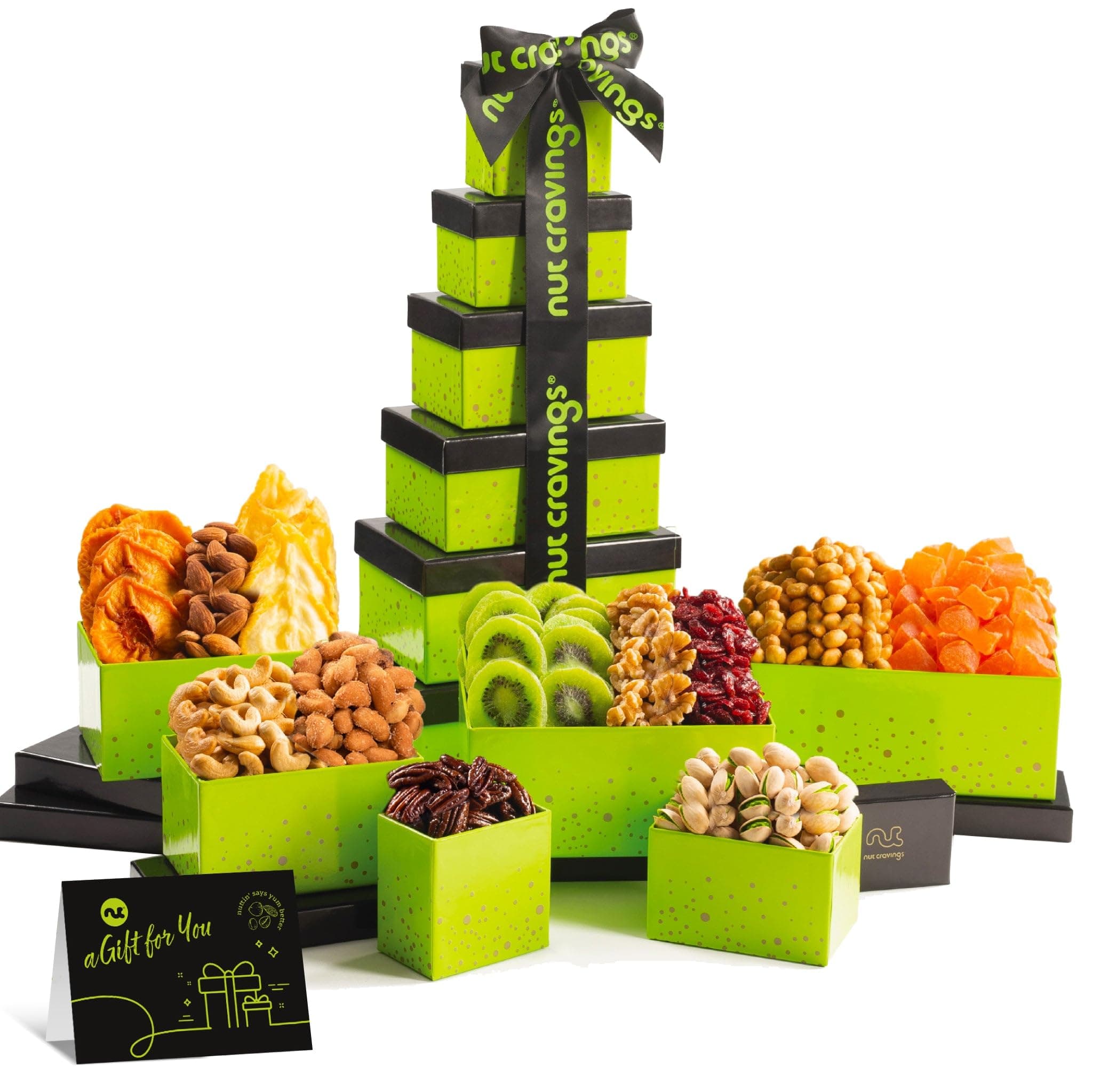- NUT CRAVINGS - Easter Dried Fruit & Mixed Nuts Gift Basket, Green Tower + Ribbon (12 Assortments) Food Arrangement, Healthy Snack Care Package, Kosher