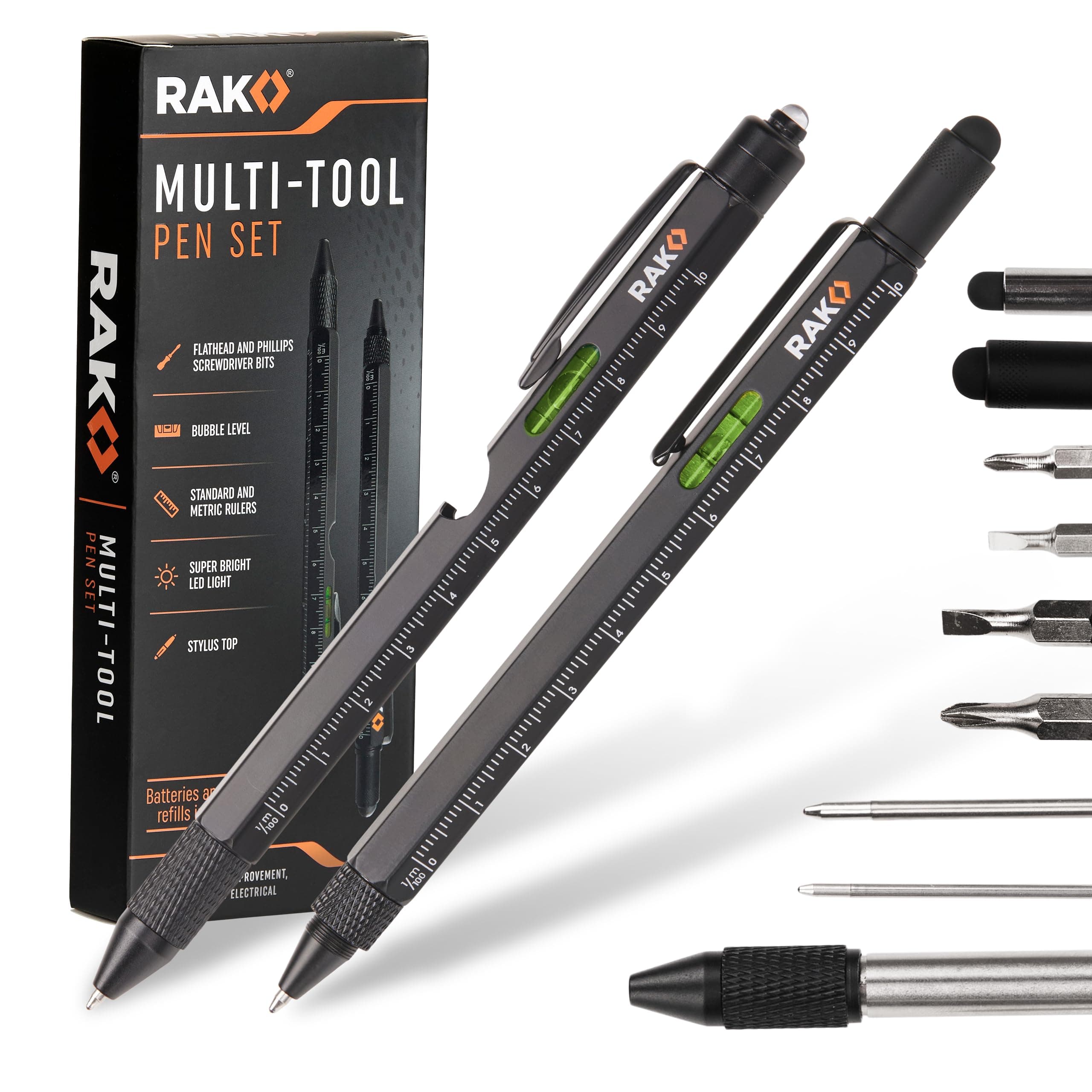 RAK Multi-Tool 2Pc Pen Set - LED Light, Touchscreen Stylus, Ruler, Level, Bottle Opener, Phillips Screwdriver, Flathead, and Ballpoint Pen