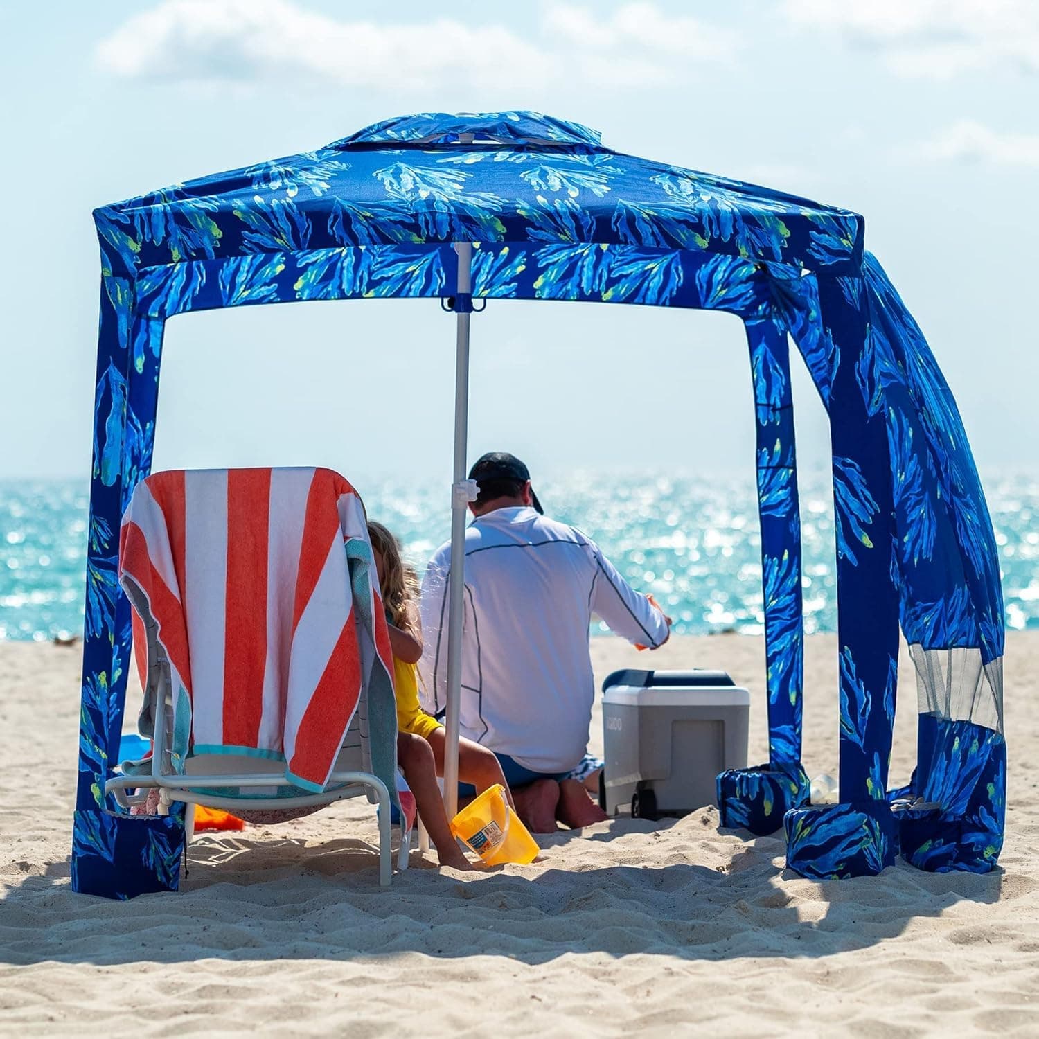 Beach Cabana, 6.2'×6.2' Beach Canopy, Easy Set up and Take Down, Cabana Tent with Sand Pockets, Instant Sun Shade with Side Wall, Coral Tropical
