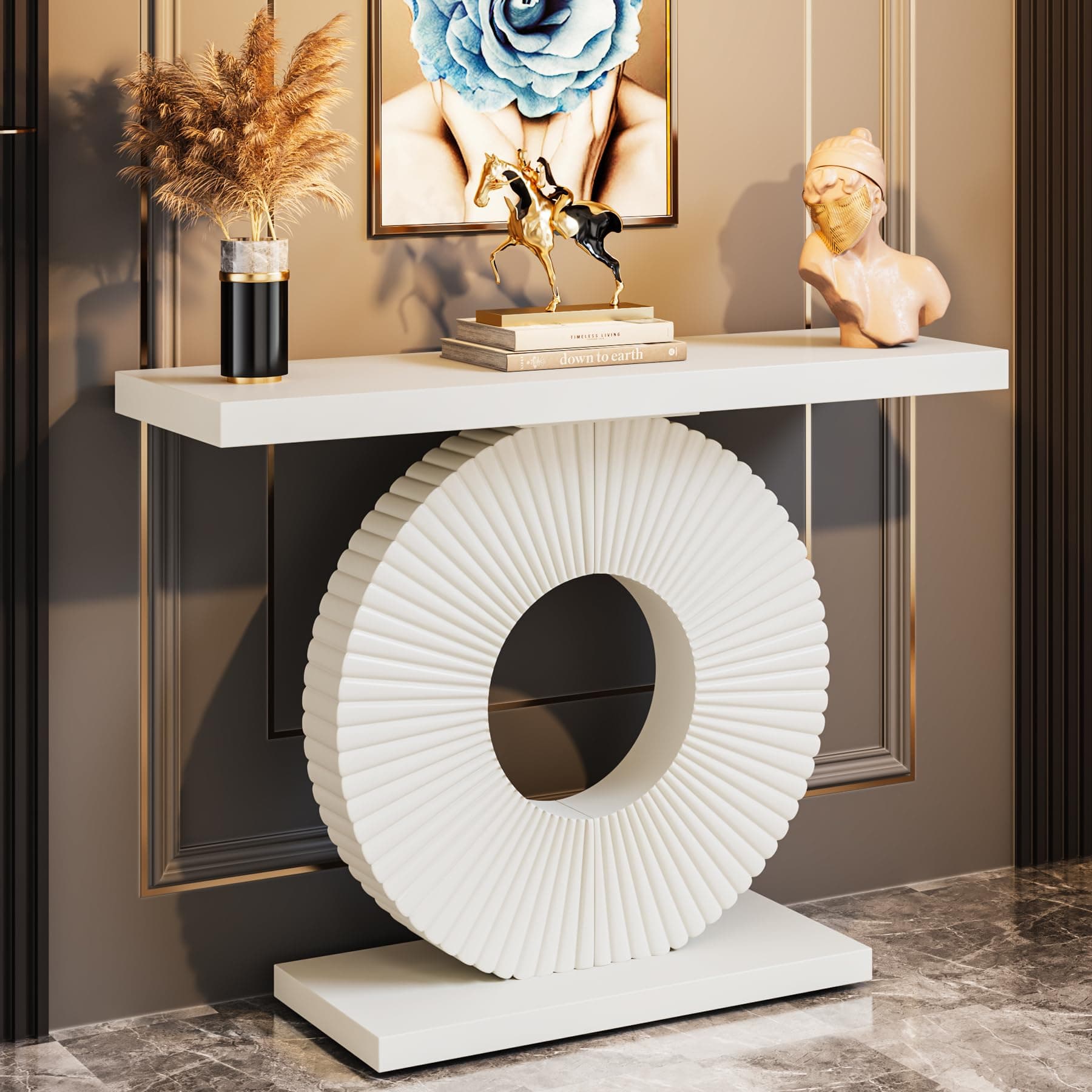 Tribesigns console table with a round, flower-shaped base, narrow wooden side table for the living room, hallway, bedroom, country house style, 100 x 30 x 79 cm, white